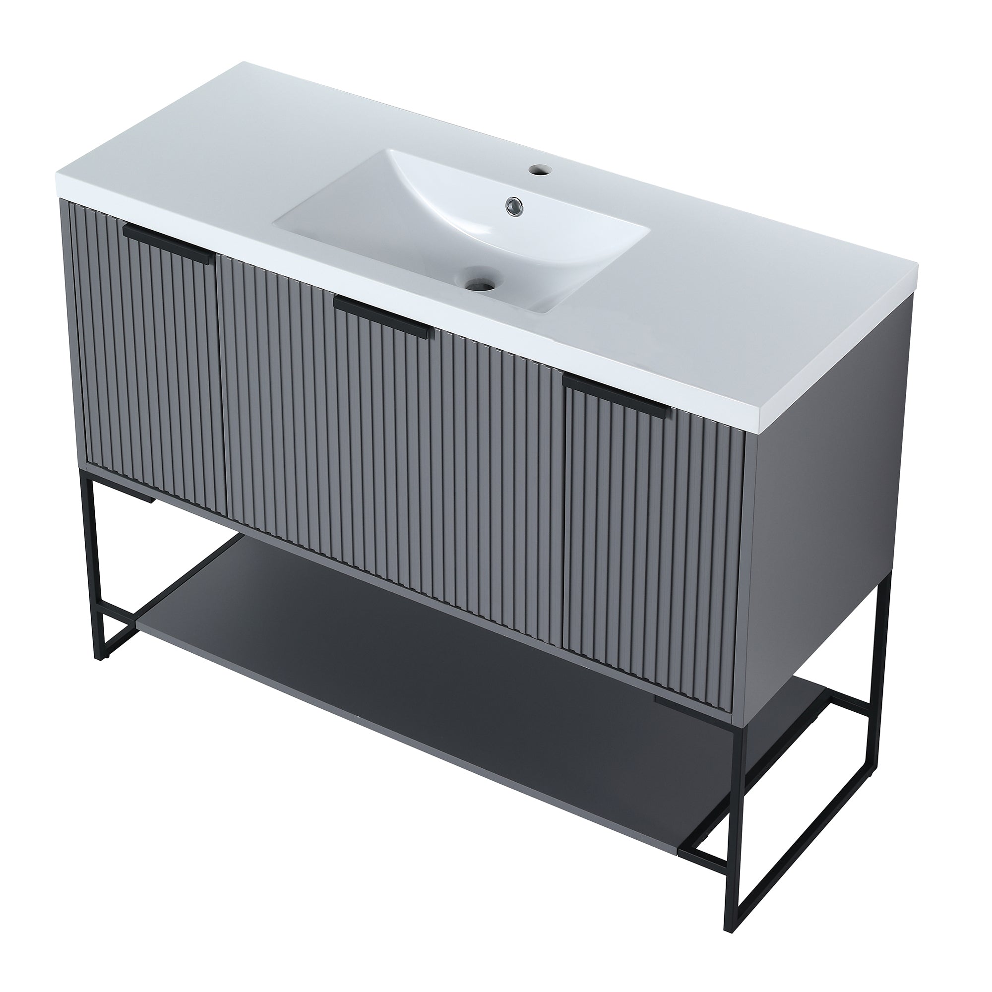 48 inch Rock Grey Plywood Freestanding Bathroom Vanity Set with Doors and Drawer and Open shelf and Integrated Resin Sink