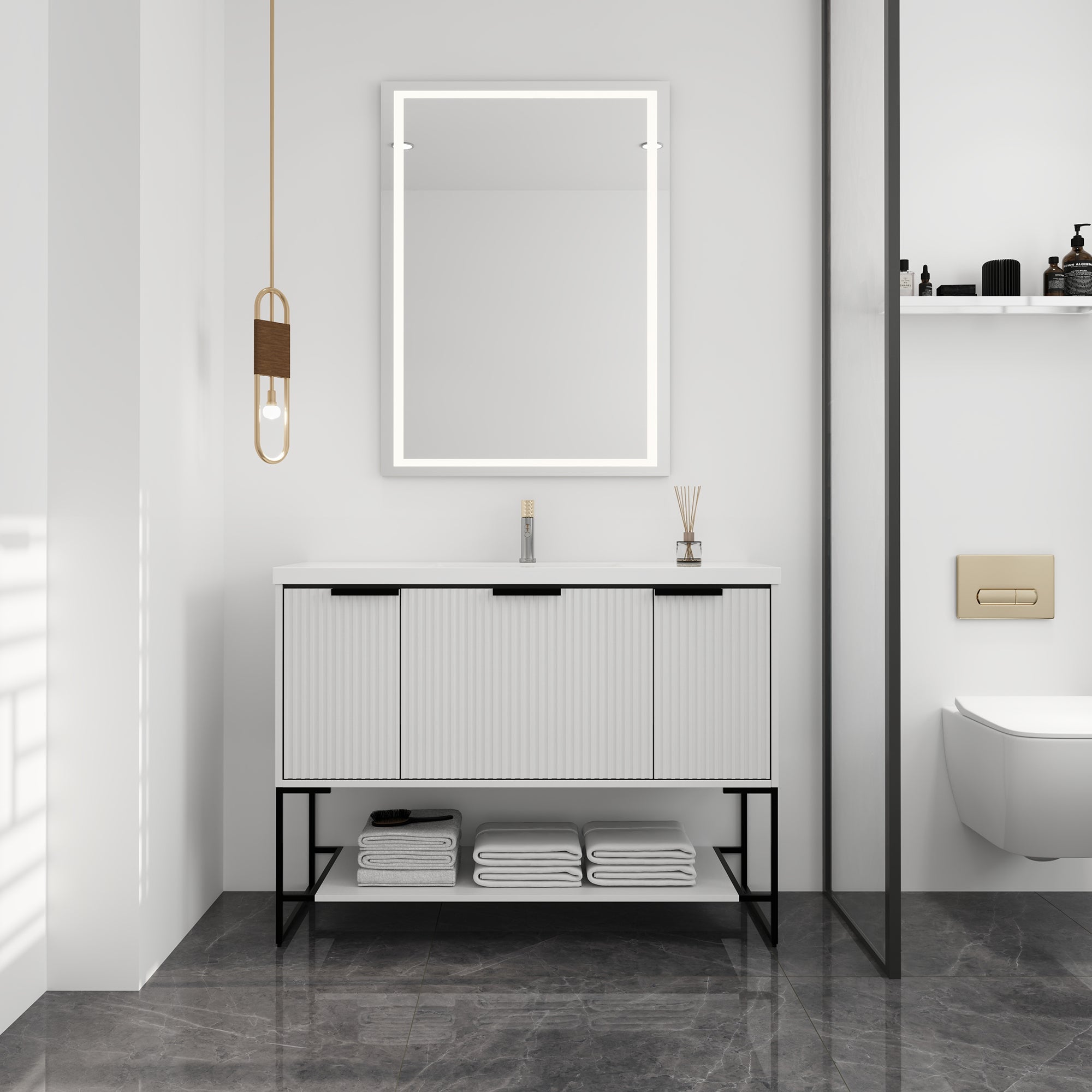 48 inch White Plywood Freestanding Bathroom Vanity Set with Doors and Drawer and Open shelf and Integrated Resin Sink