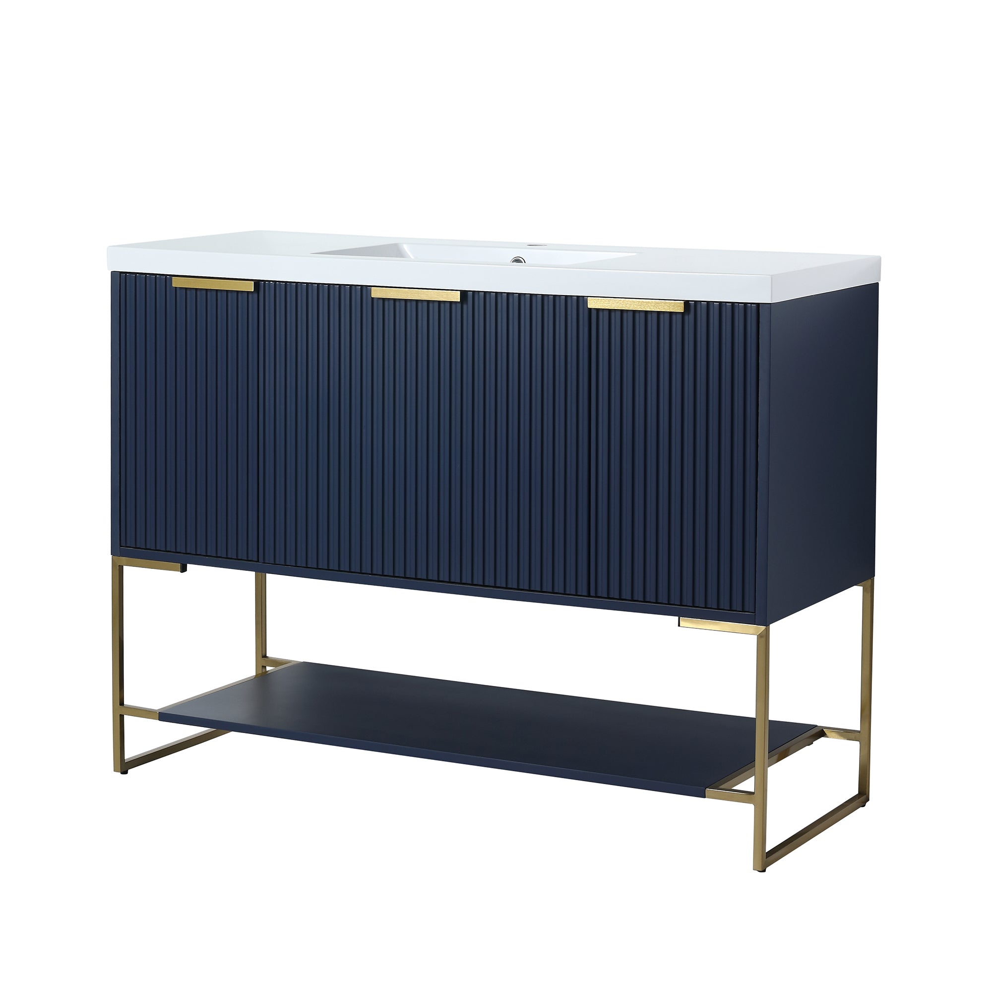 48 inch Navy Blue Plywood Freestanding Bathroom Vanity Set with Doors and Drawer and Open shelf and Integrated Resin Sink