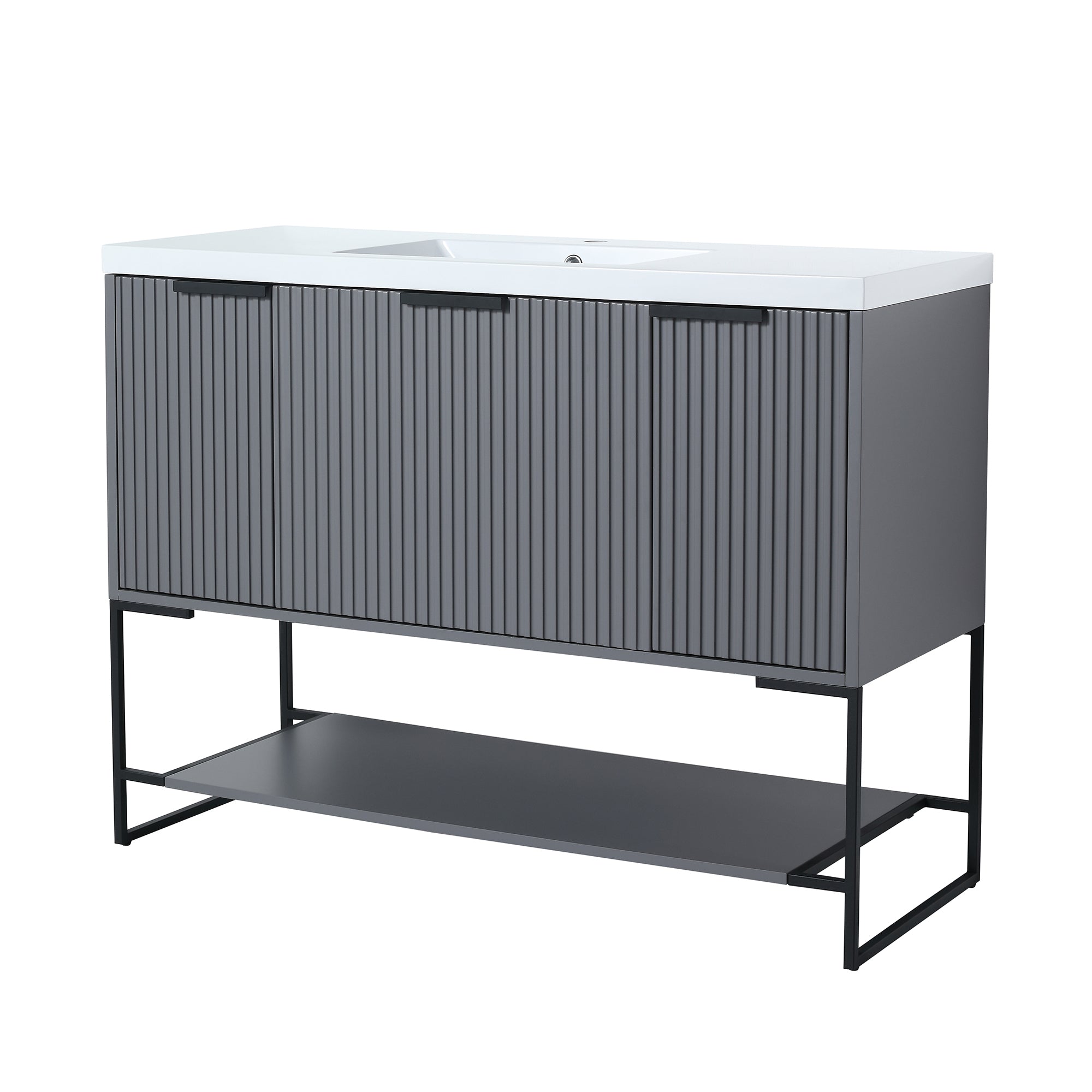 48 inch Rock Grey Plywood Freestanding Bathroom Vanity Set with Doors and Drawer and Open shelf and Integrated Resin Sink