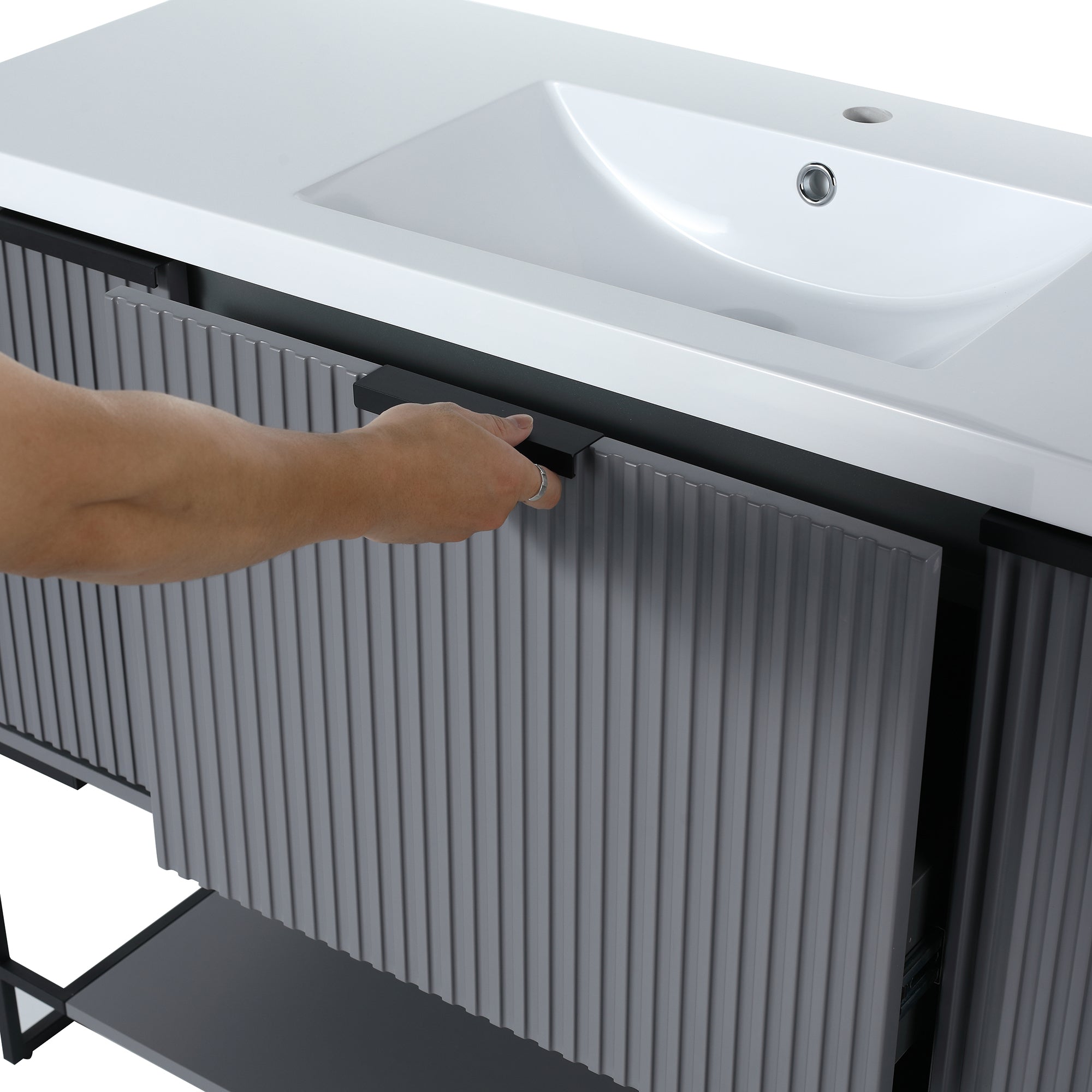 48 inch Rock Grey Plywood Freestanding Bathroom Vanity Set with Doors and Drawer and Open shelf and Integrated Resin Sink
