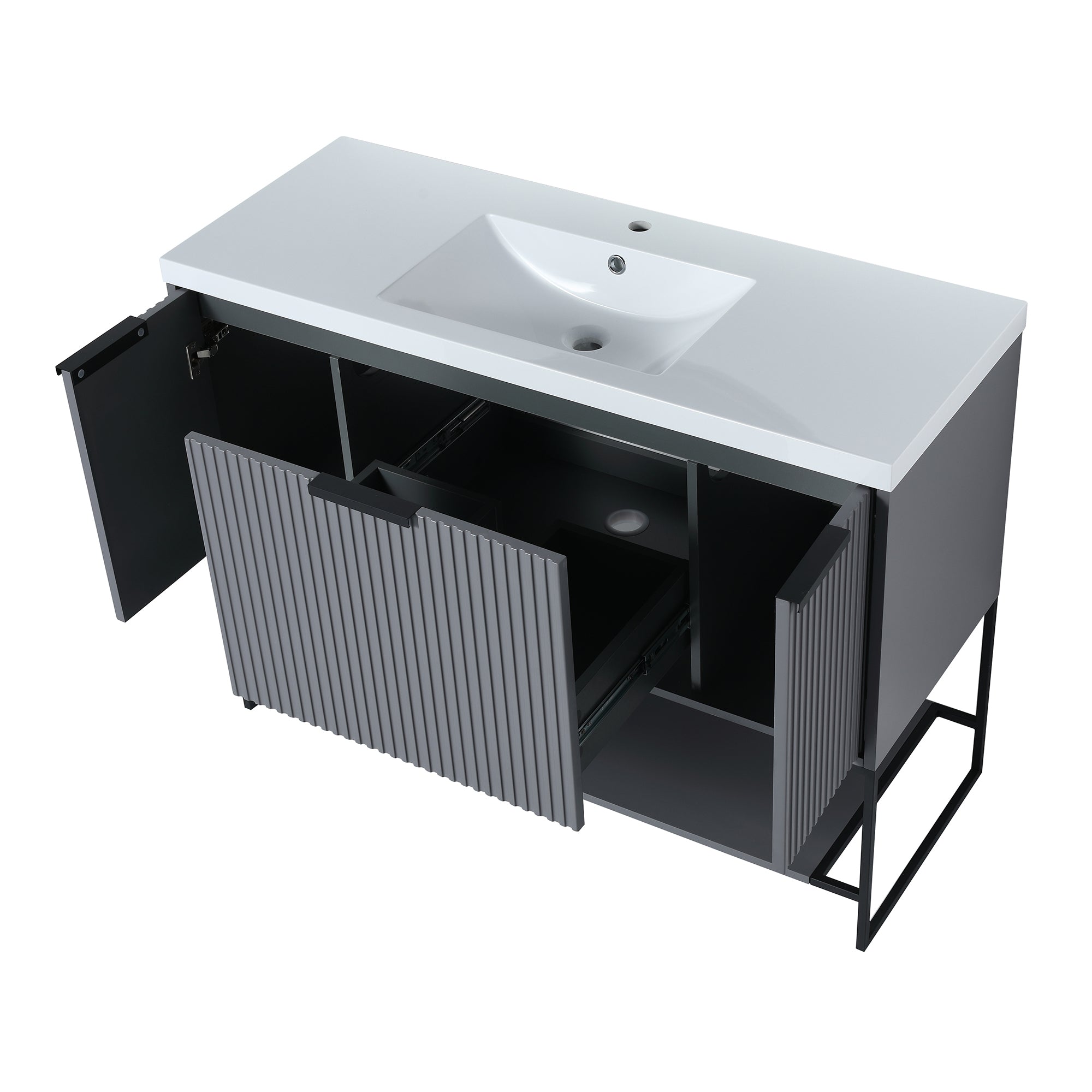 48 inch Rock Grey Plywood Freestanding Bathroom Vanity Set with Doors and Drawer and Open shelf and Integrated Resin Sink