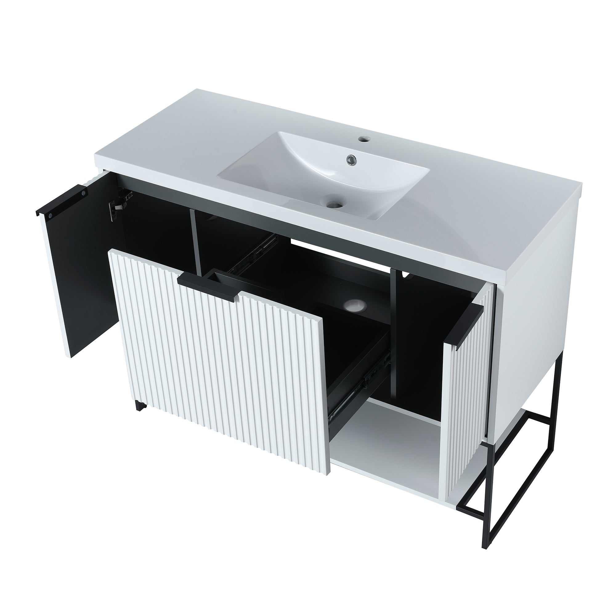 48 inch White Plywood Freestanding Bathroom Vanity Set with Doors and Drawer and Open shelf and Integrated Resin Sink