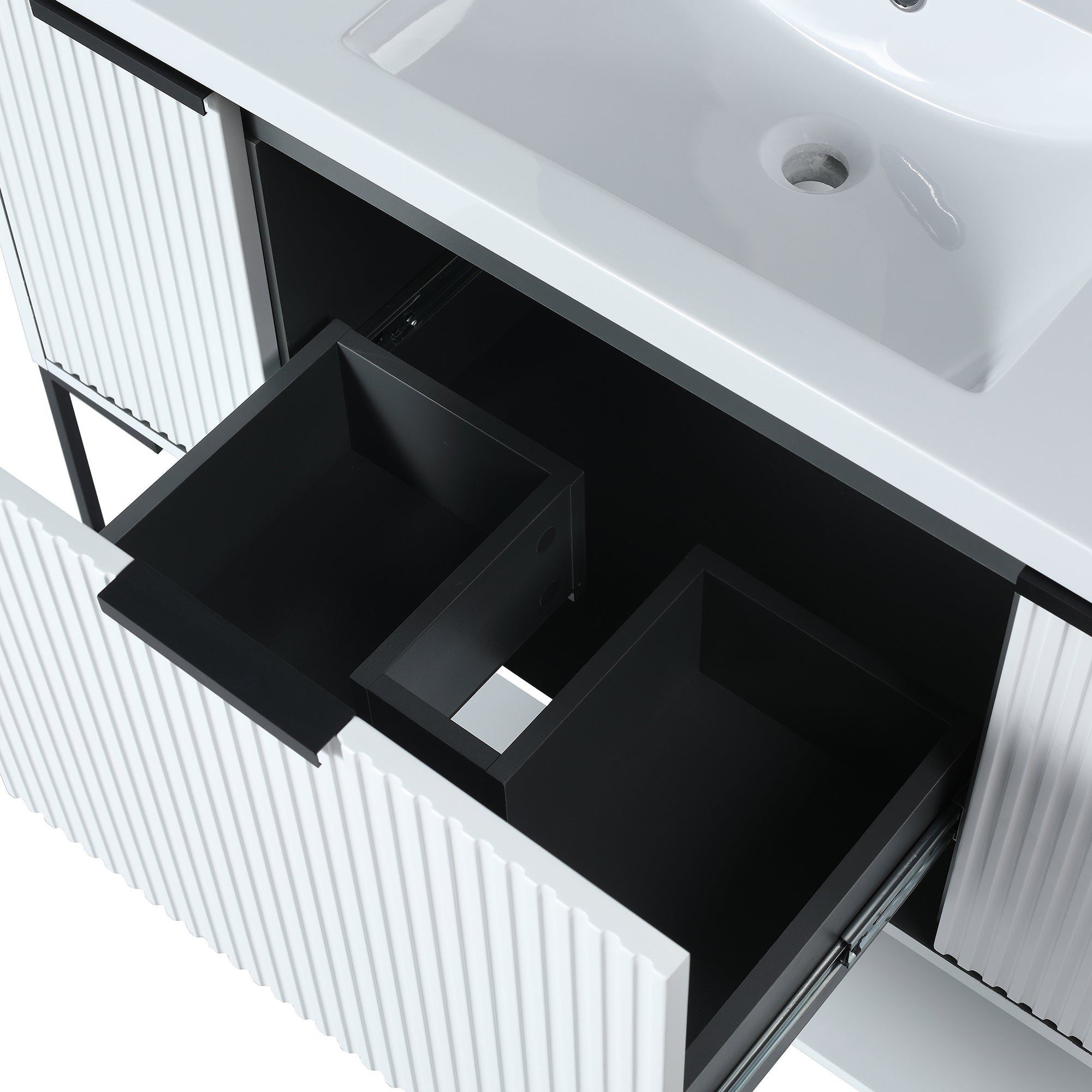 48 inch White Plywood Freestanding Bathroom Vanity Set with Doors and Drawer and Open shelf and Integrated Resin Sink