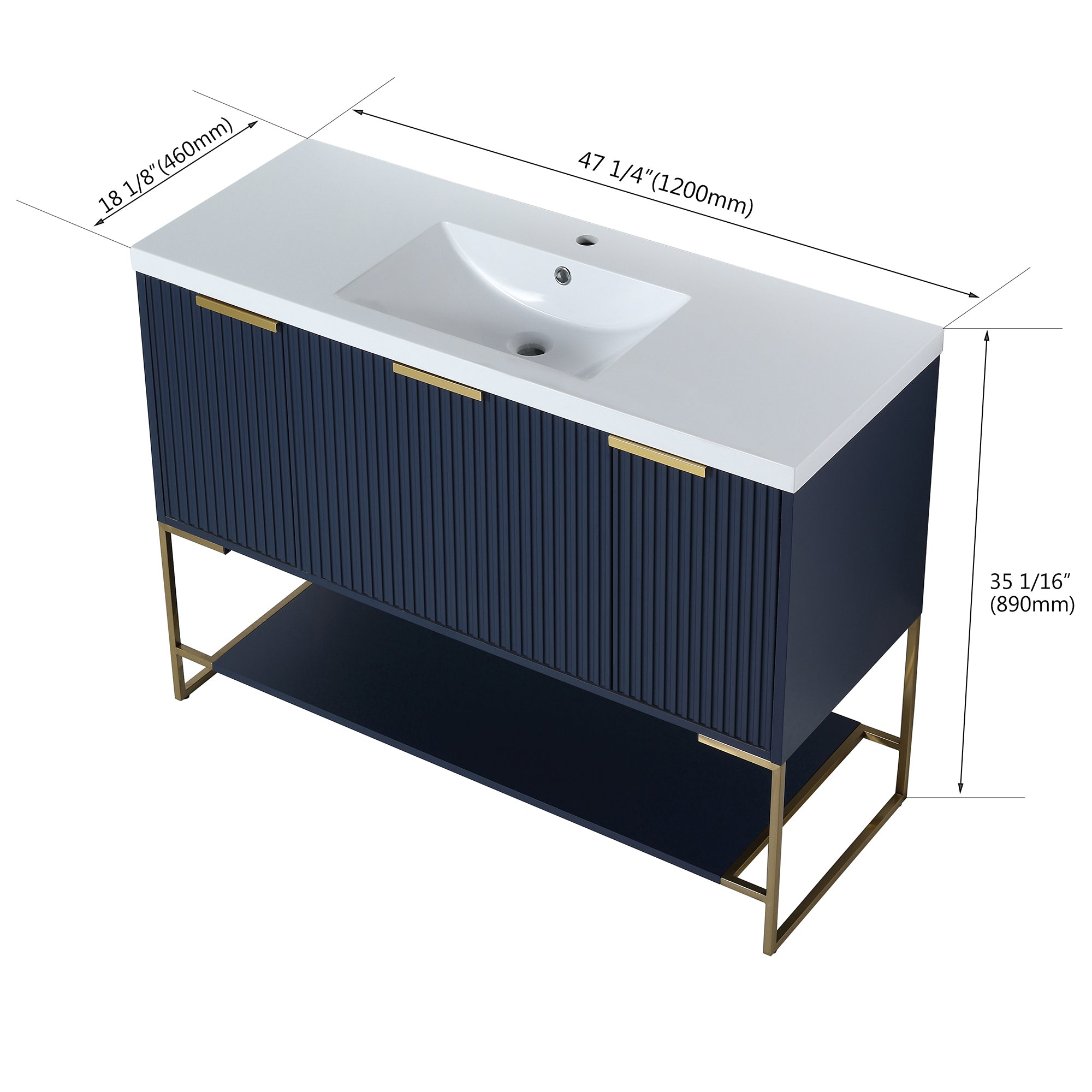 48 inch Navy Blue Plywood Freestanding Bathroom Vanity Set with Doors and Drawer and Open shelf and Integrated Resin Sink