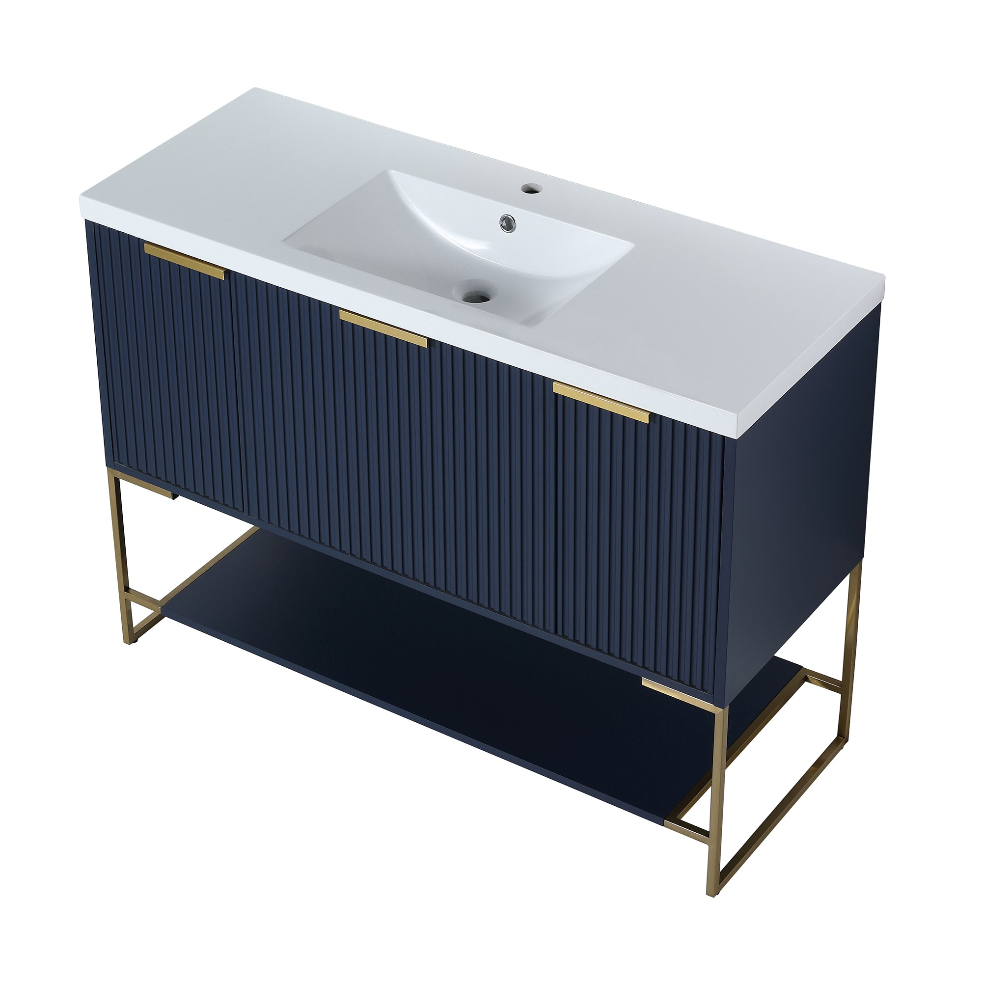 48 inch Navy Blue Plywood Freestanding Bathroom Vanity Set with Doors and Drawer and Open shelf and Integrated Resin Sink