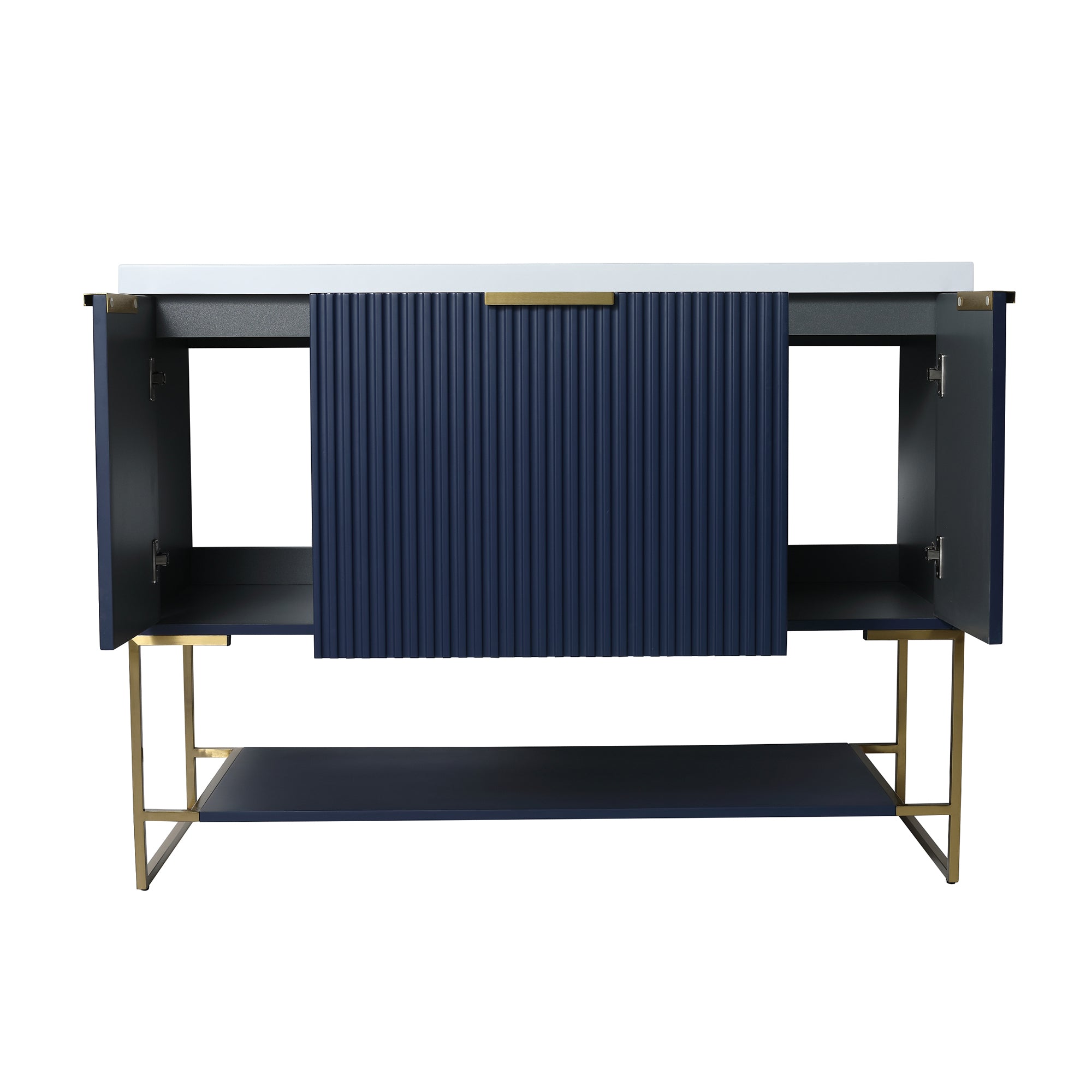 48 inch Navy Blue Plywood Freestanding Bathroom Vanity Set with Doors and Drawer and Open shelf and Integrated Resin Sink
