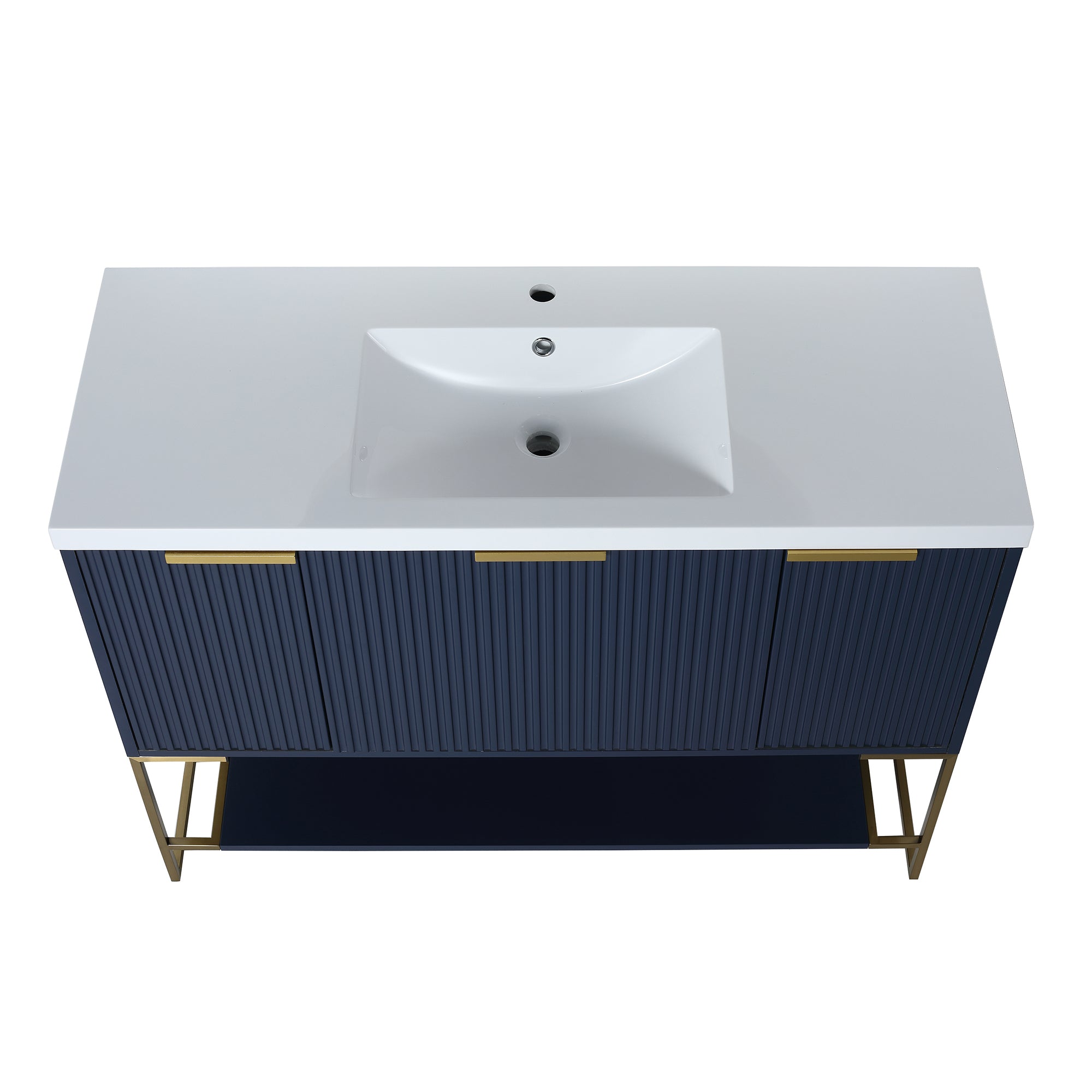 48 inch Navy Blue Plywood Freestanding Bathroom Vanity Set with Doors and Drawer and Open shelf and Integrated Resin Sink