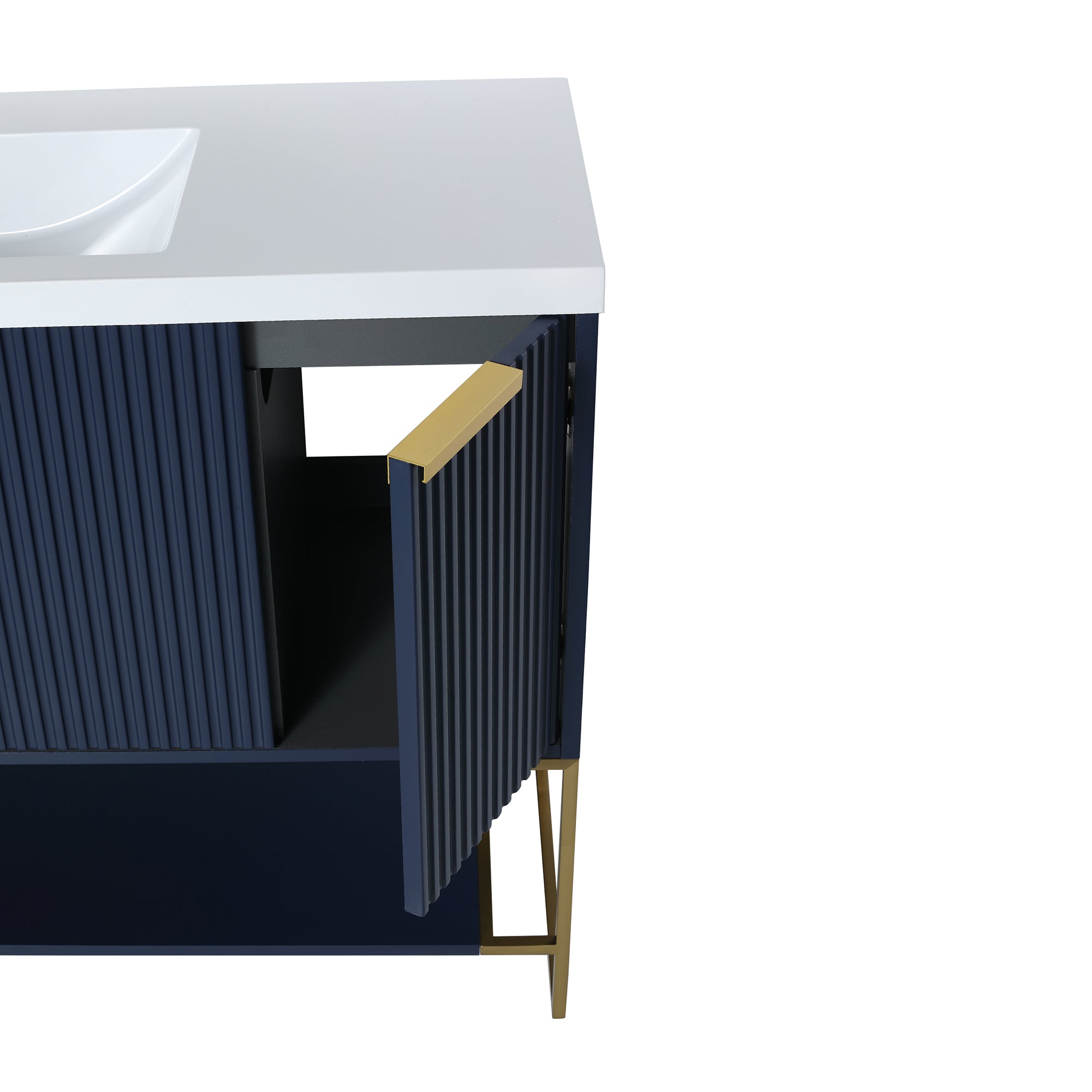 48 inch Navy Blue Plywood Freestanding Bathroom Vanity Set with Doors and Drawer and Open shelf and Integrated Resin Sink