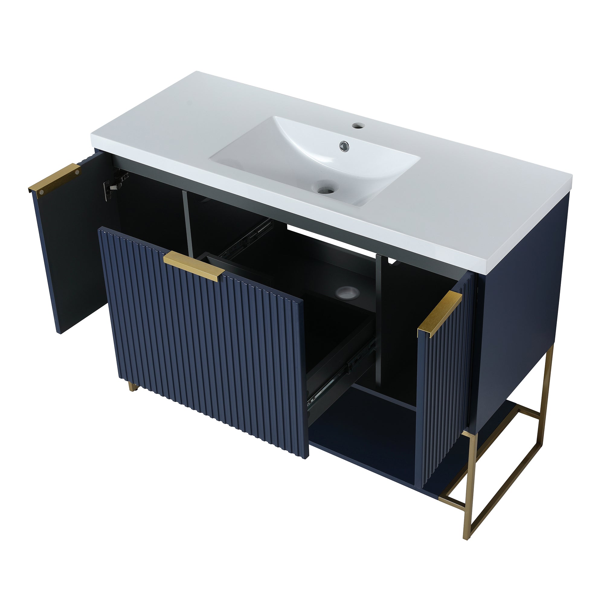 48 inch Navy Blue Plywood Freestanding Bathroom Vanity Set with Doors and Drawer and Open shelf and Integrated Resin Sink