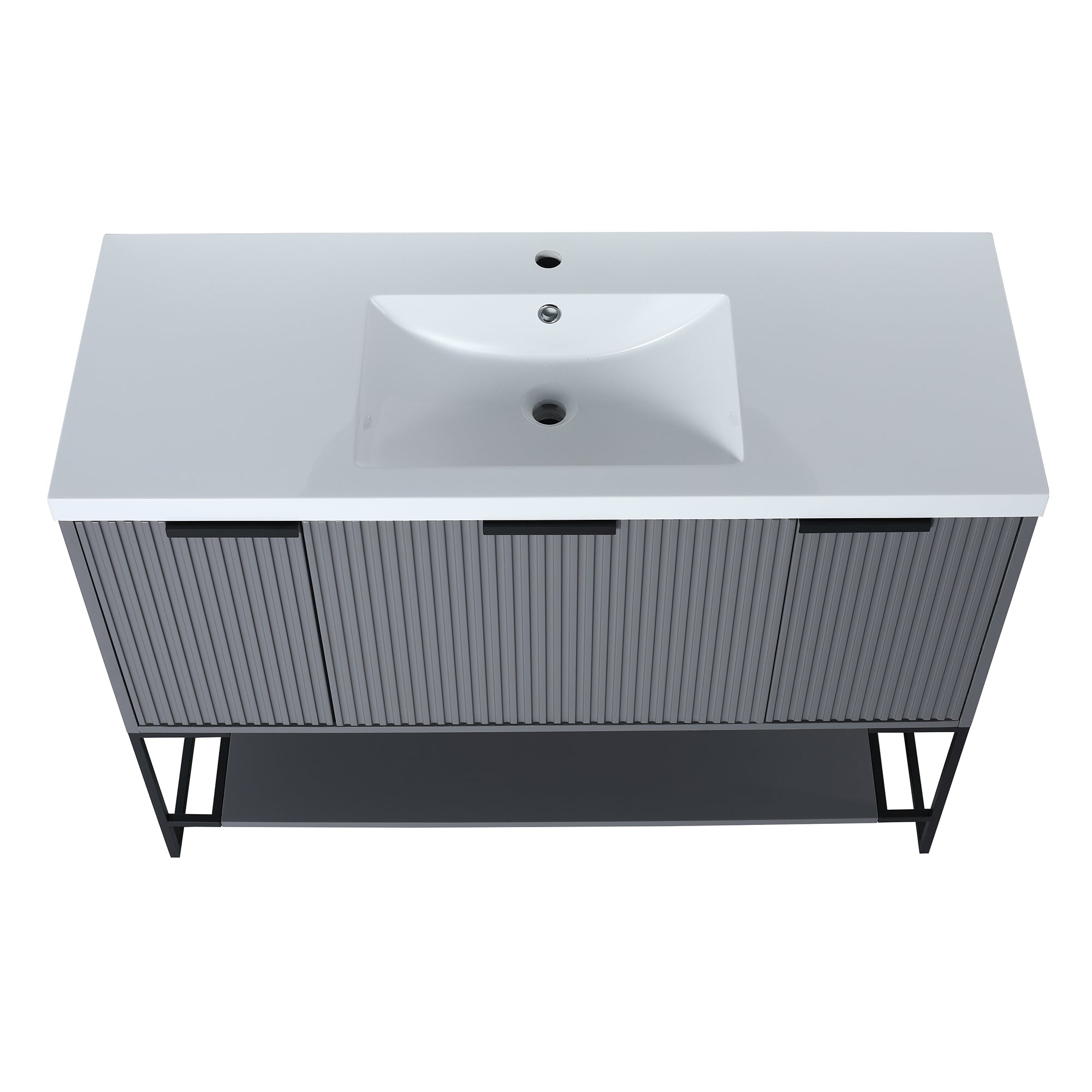 48 inch Rock Grey Plywood Freestanding Bathroom Vanity Set with Doors and Drawer and Open shelf and Integrated Resin Sink
