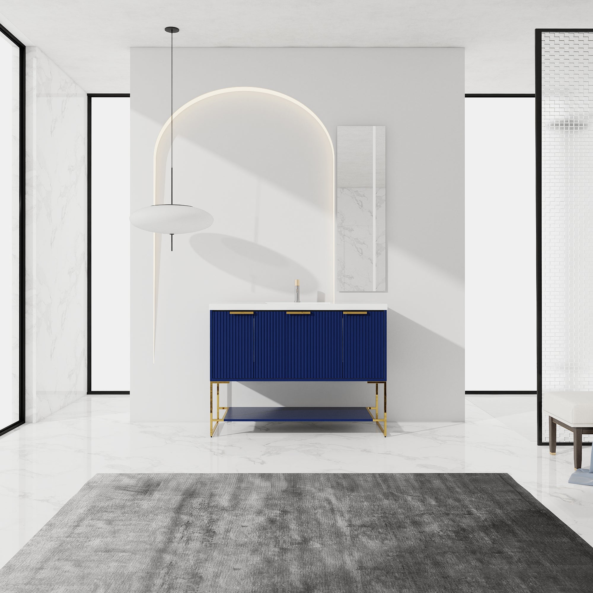 48 inch Navy Blue Plywood Freestanding Bathroom Vanity Set with Doors and Drawer and Open shelf and Integrated Resin Sink