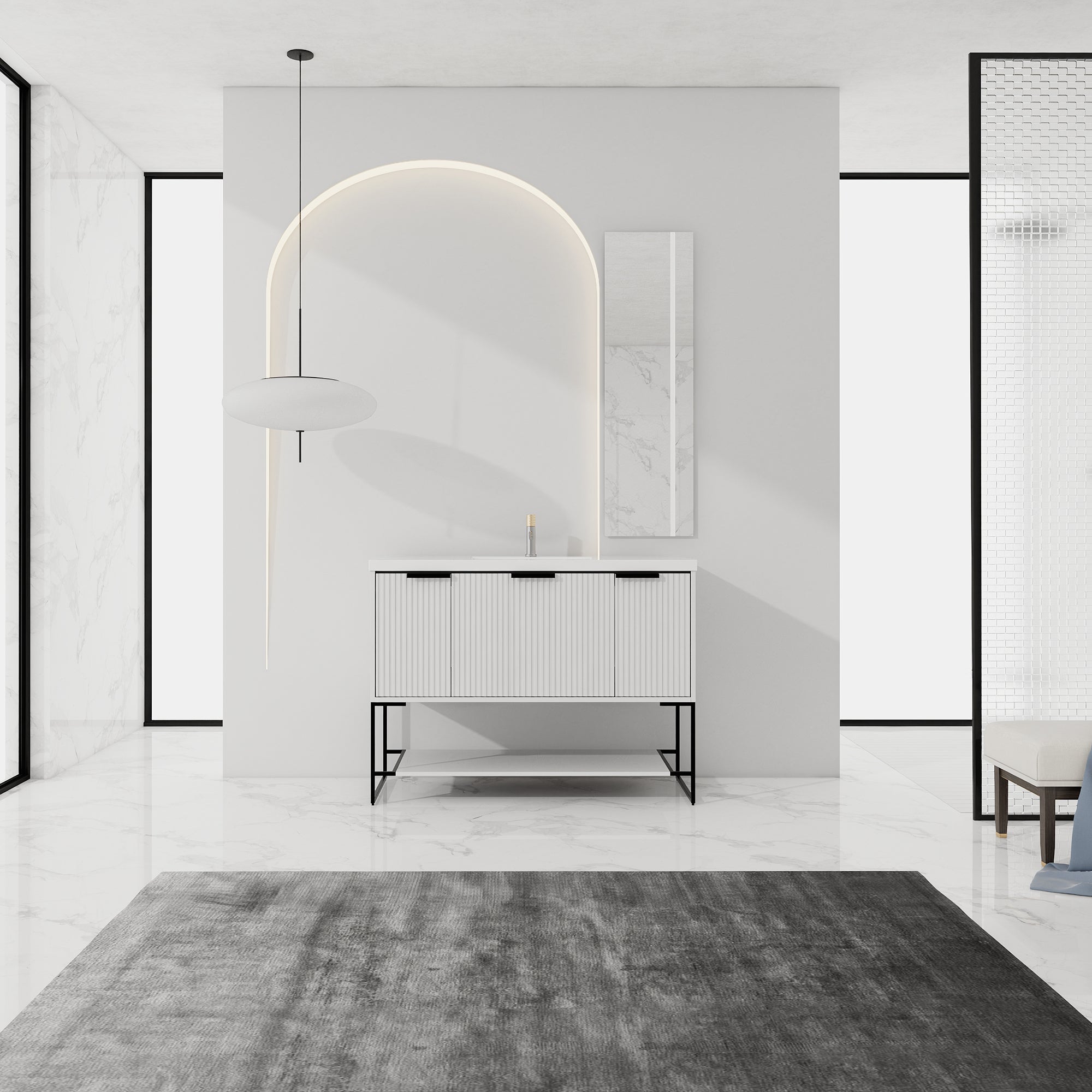 48 inch White Plywood Freestanding Bathroom Vanity Set with Doors and Drawer and Open shelf and Integrated Resin Sink