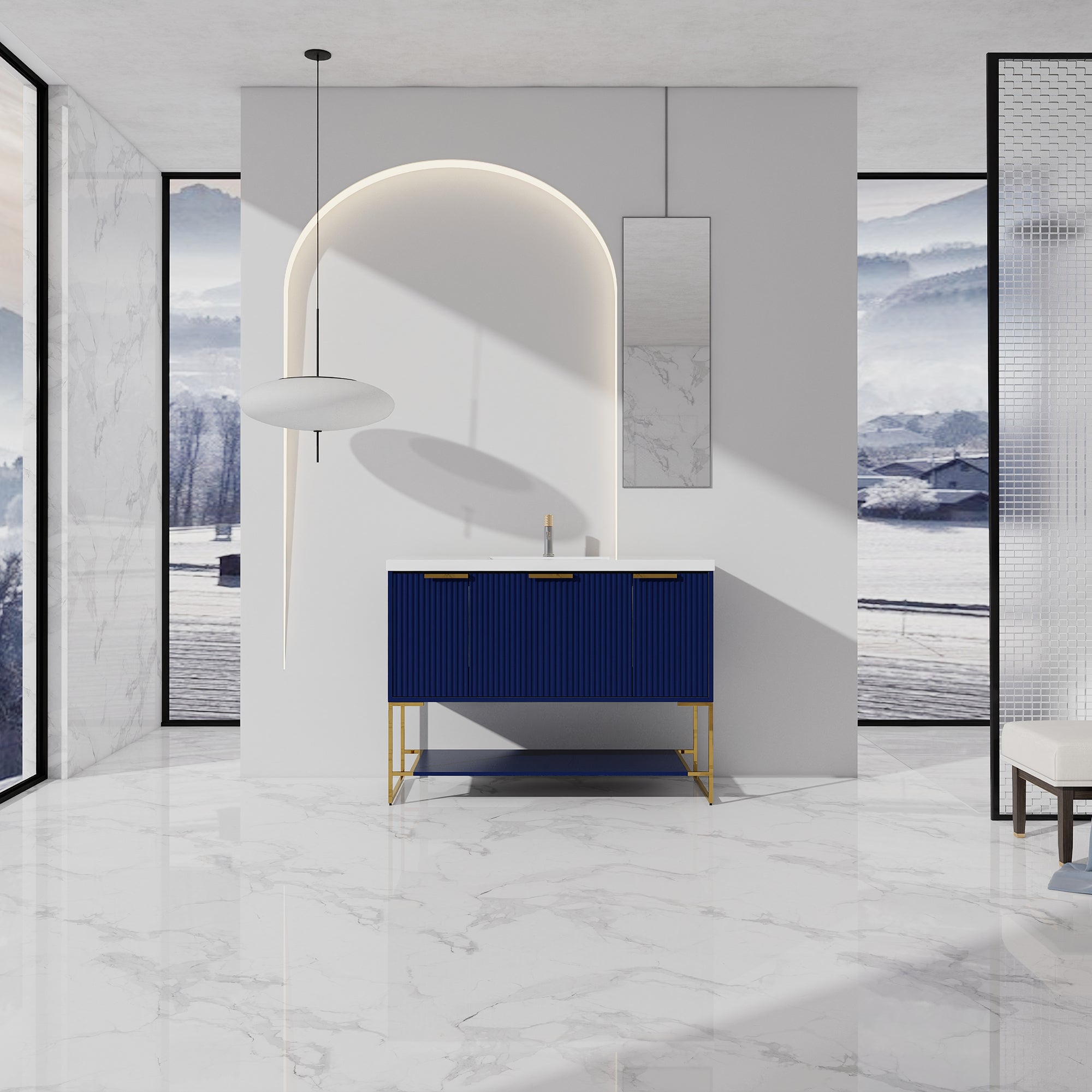 48 inch Navy Blue Plywood Freestanding Bathroom Vanity Set with Doors and Drawer and Open shelf and Integrated Resin Sink