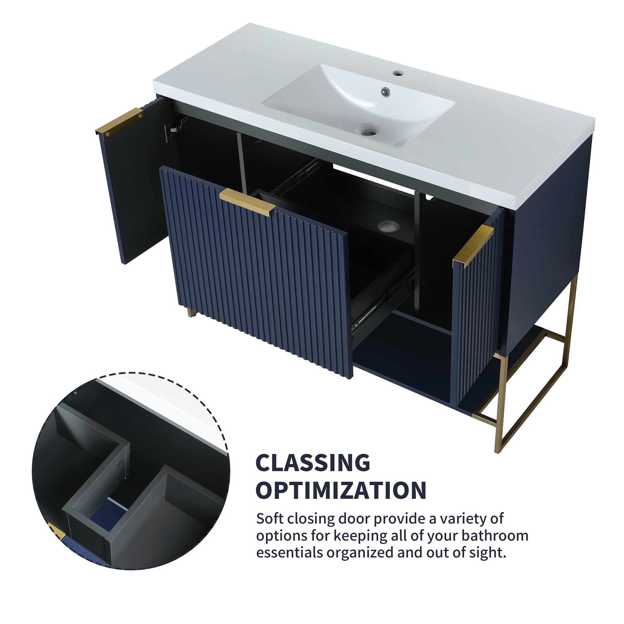 48 inch Navy Blue Plywood Freestanding Bathroom Vanity Set with Doors and Drawer and Open shelf and Integrated Resin Sink