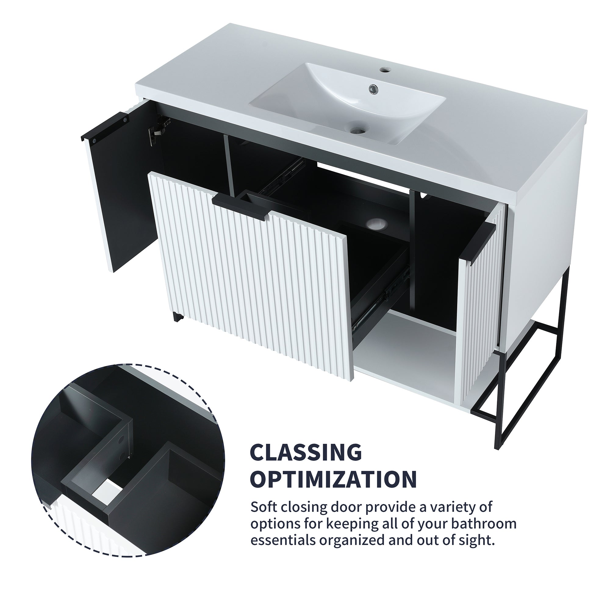 48 inch White Plywood Freestanding Bathroom Vanity Set with Doors and Drawer and Open shelf and Integrated Resin Sink