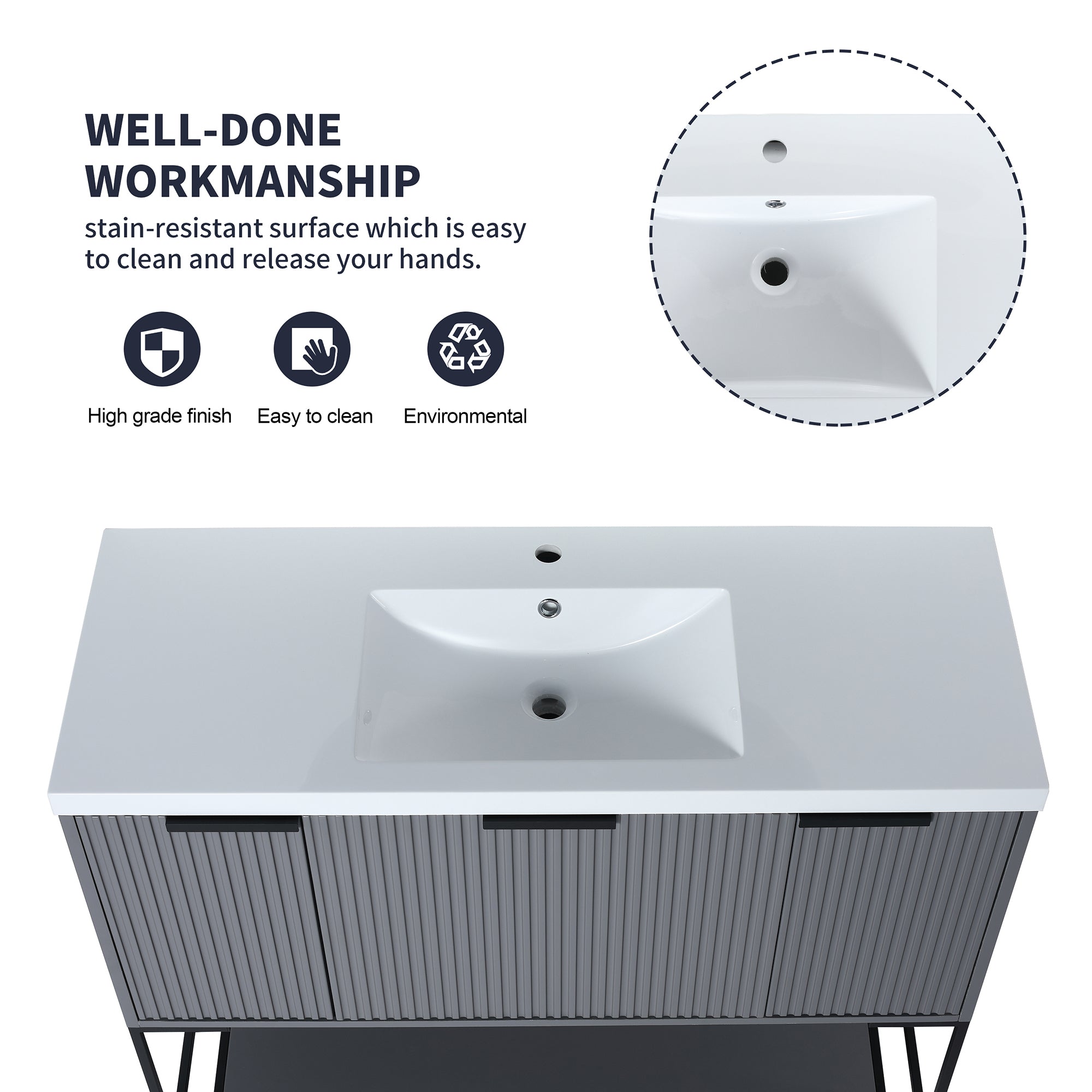 48 inch Rock Grey Plywood Freestanding Bathroom Vanity Set with Doors and Drawer and Open shelf and Integrated Resin Sink