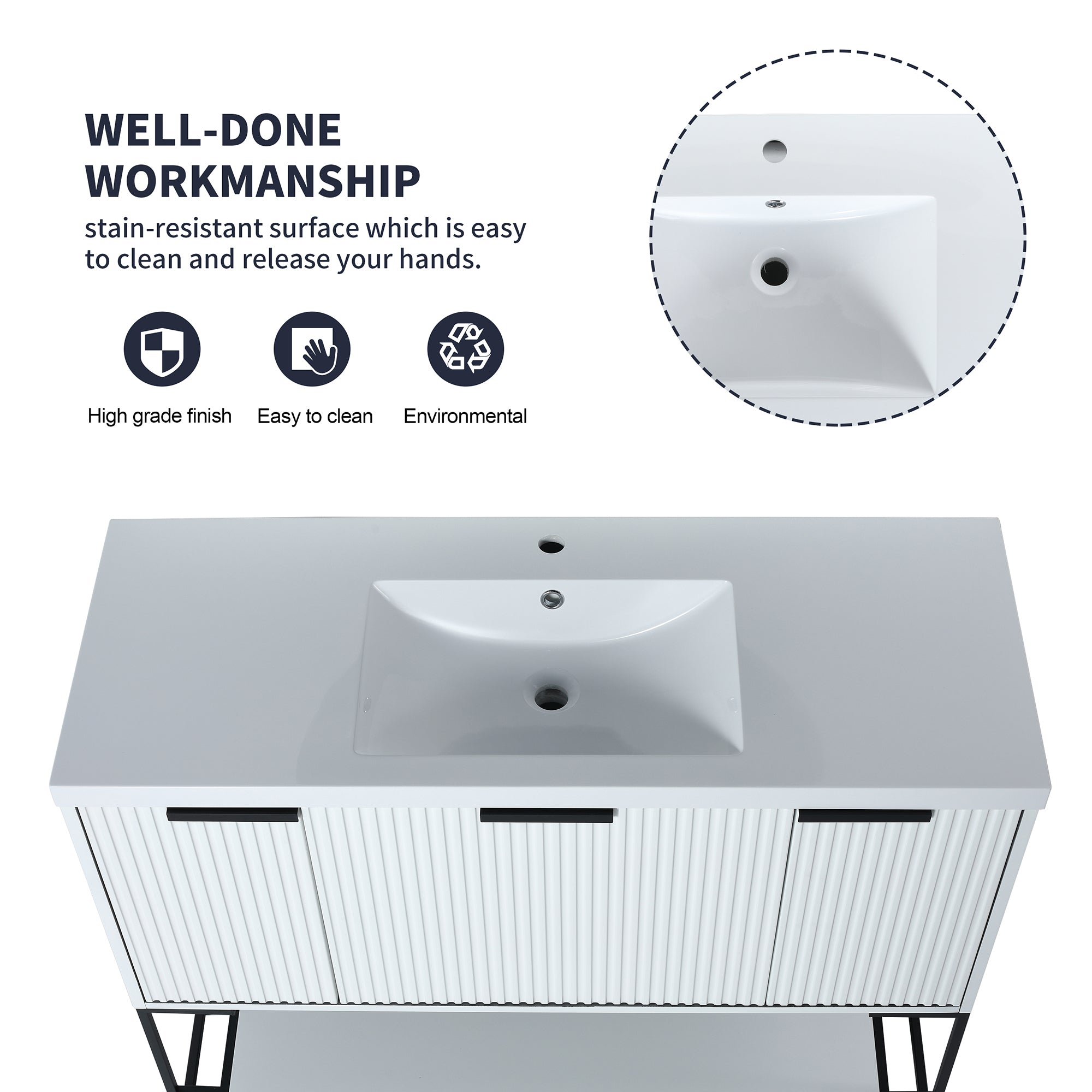 48 inch White Plywood Freestanding Bathroom Vanity Set with Doors and Drawer and Open shelf and Integrated Resin Sink