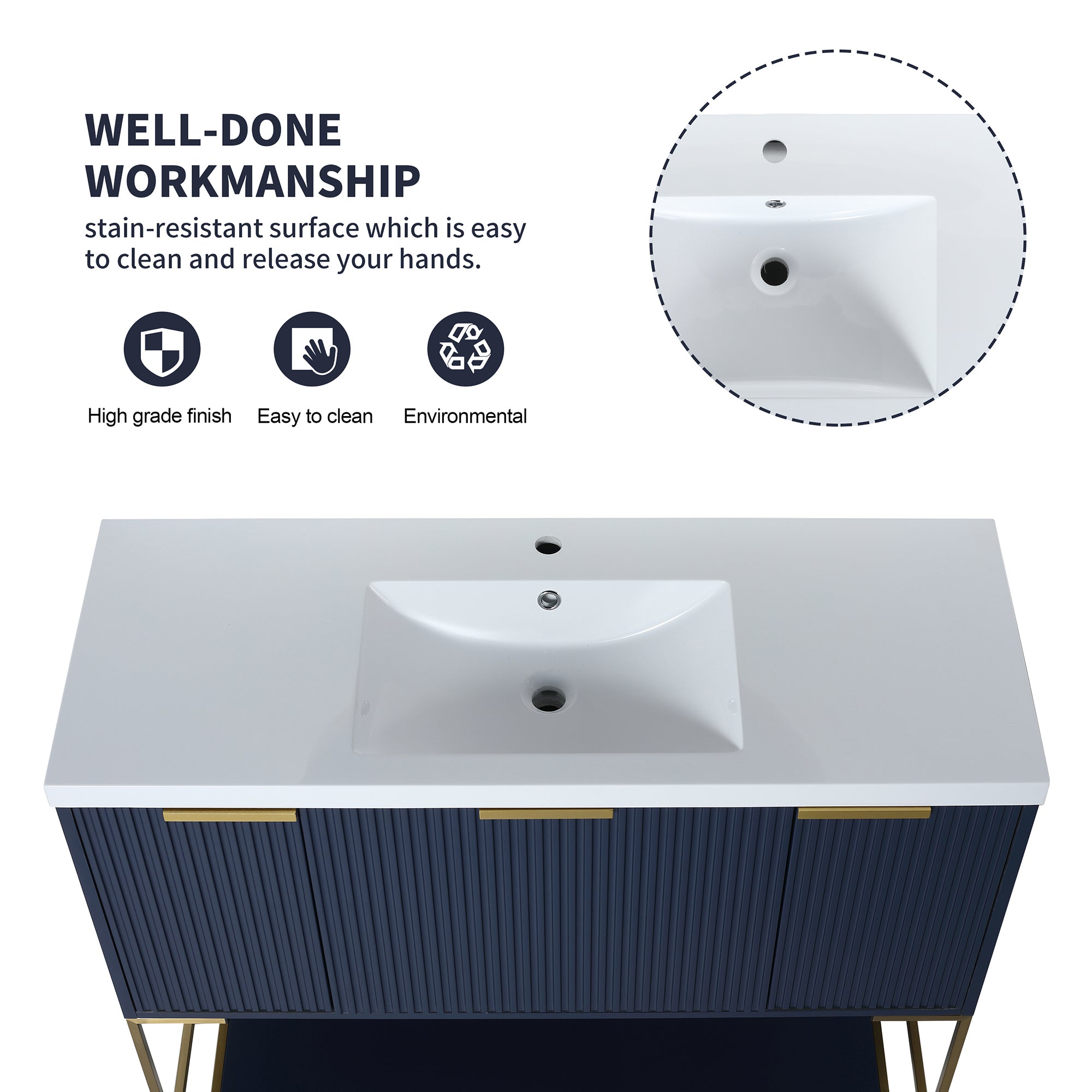48 inch Navy Blue Plywood Freestanding Bathroom Vanity Set with Doors and Drawer and Open shelf and Integrated Resin Sink