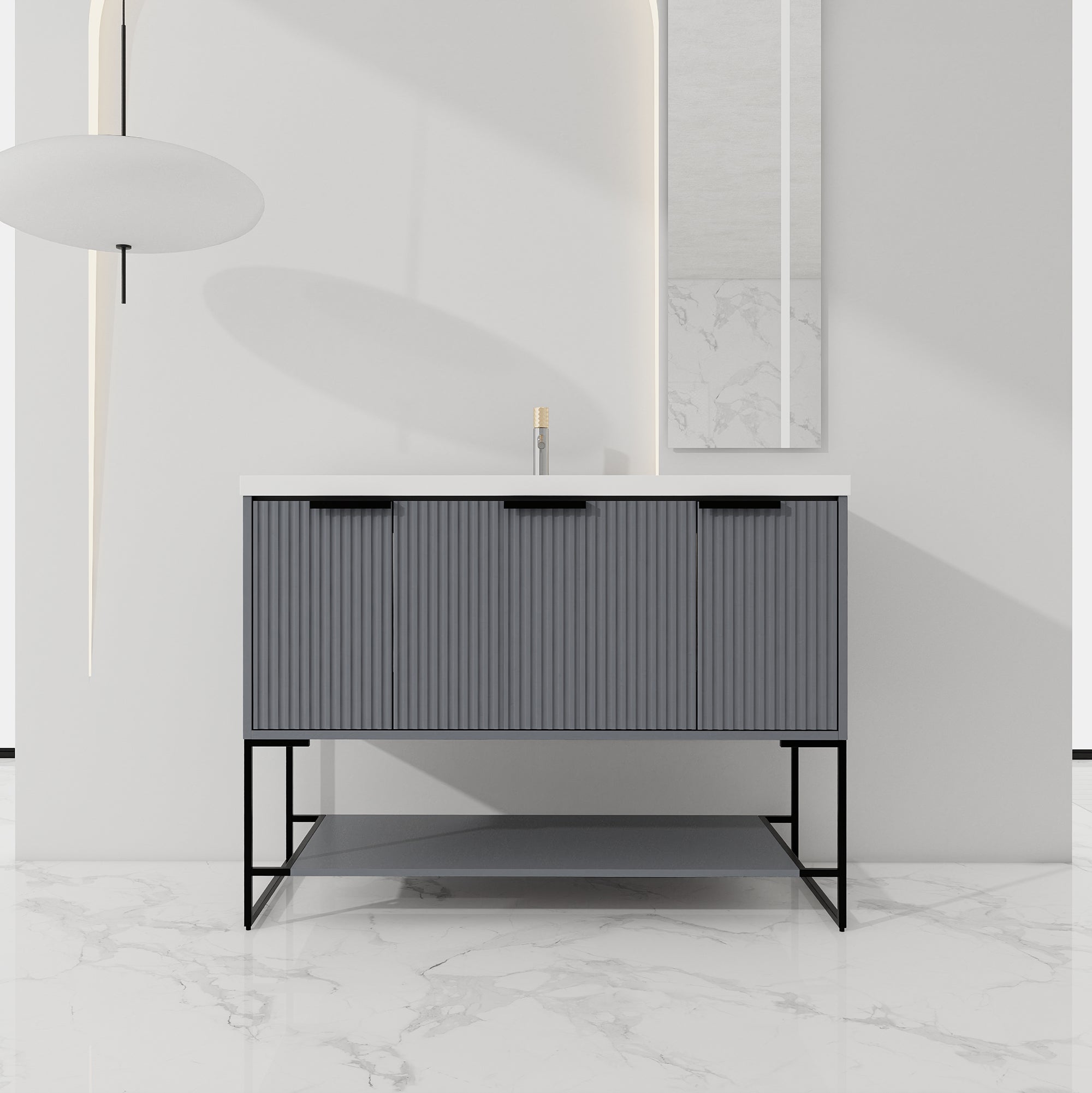 48 inch Rock Grey Plywood Freestanding Bathroom Vanity Set with Doors and Drawer and Open shelf and Integrated Resin Sink