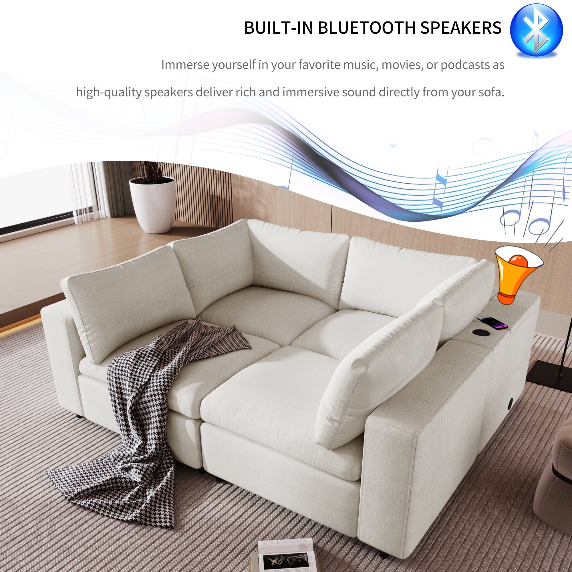 105.9" Polyester Pillow top Arm Sectional sofa with USB Charge Ports,Wireless Charging and Built-in Bluetooth Speaker in Arm