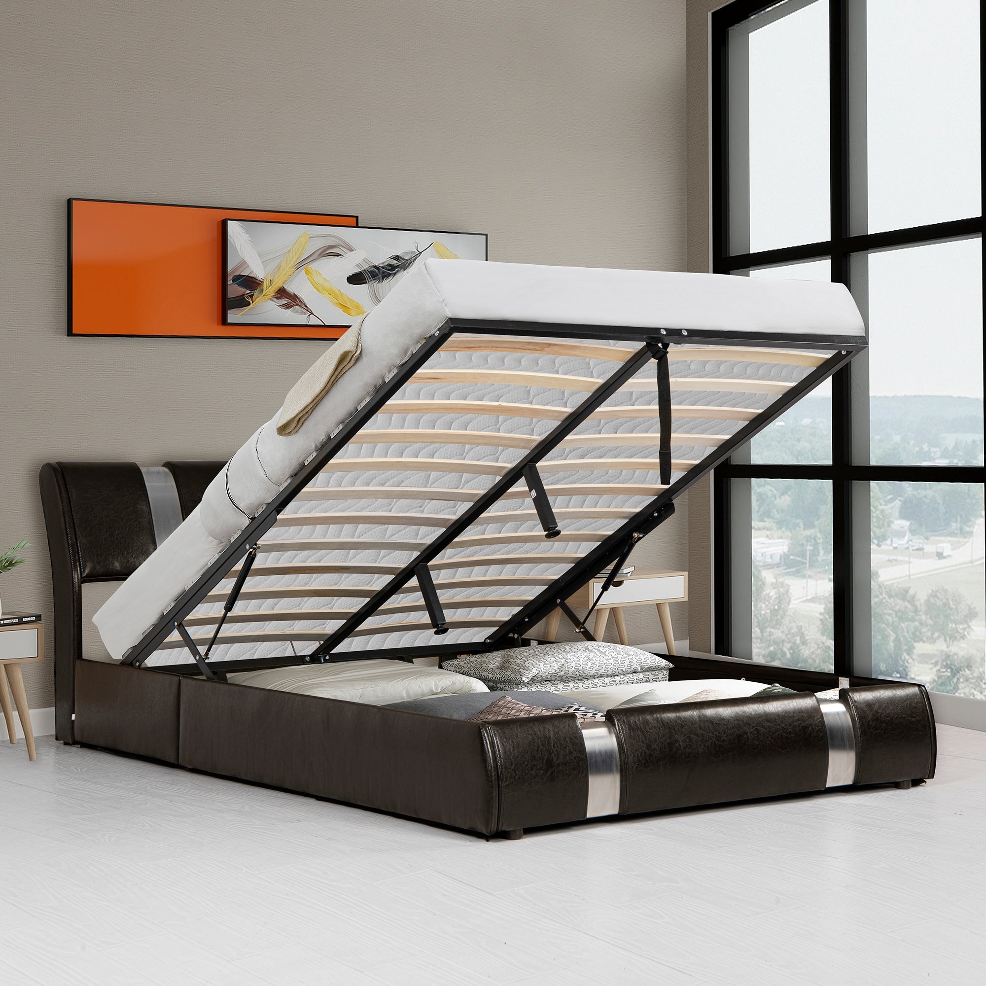  PVC Queen Platform Bed with Hydraulic Storage System