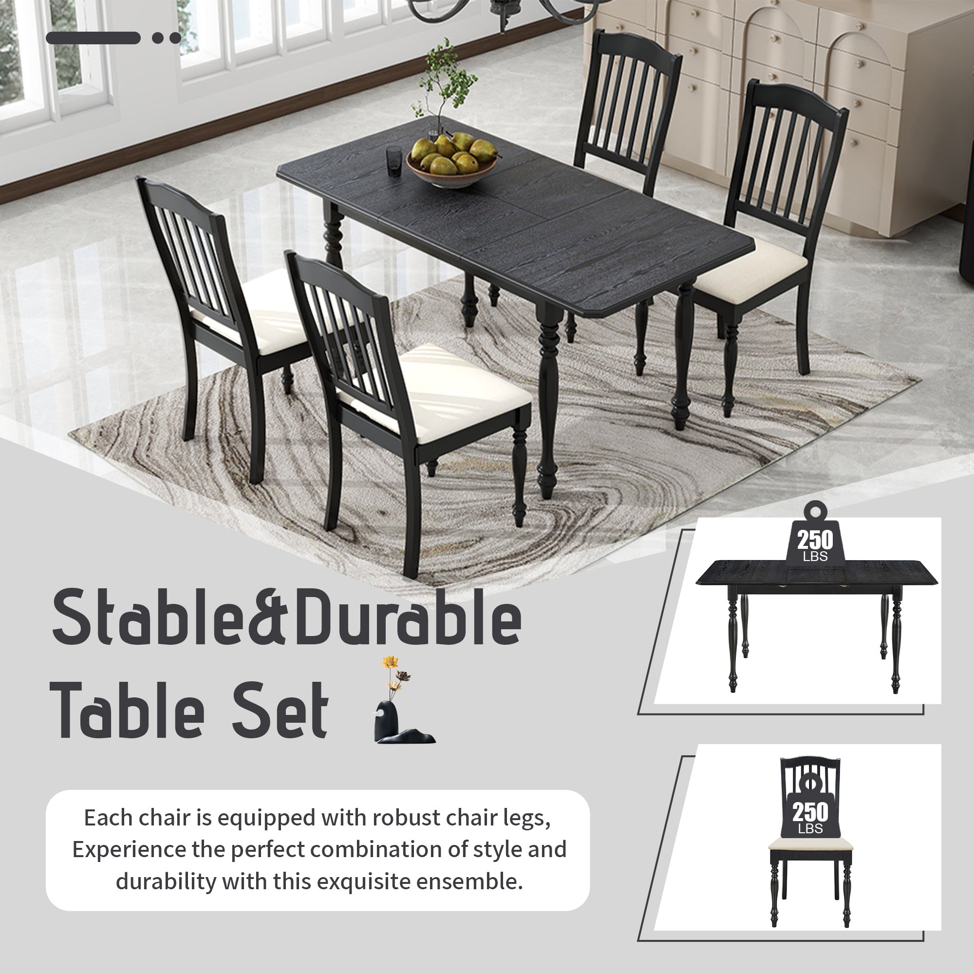 5-Piece Solid Wood Dining Table Set with Table and Four Chairs