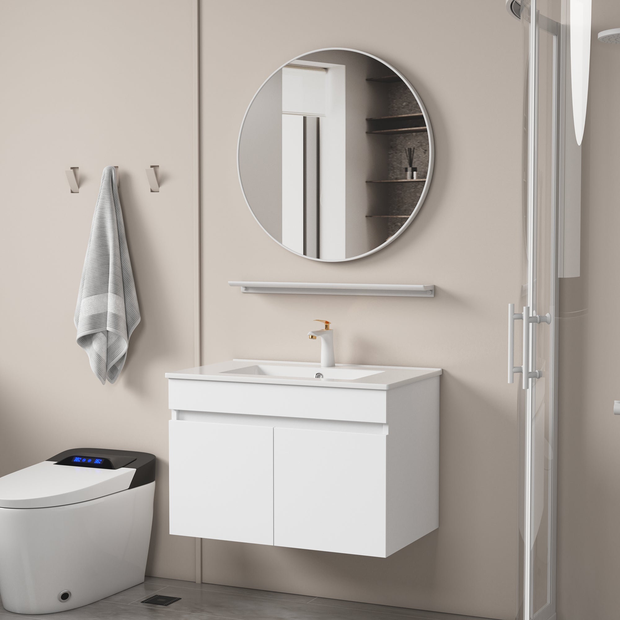 Solid Wood Wall-Mounted Bathroom Vanity Set in White with Integrated Ceramic Sink