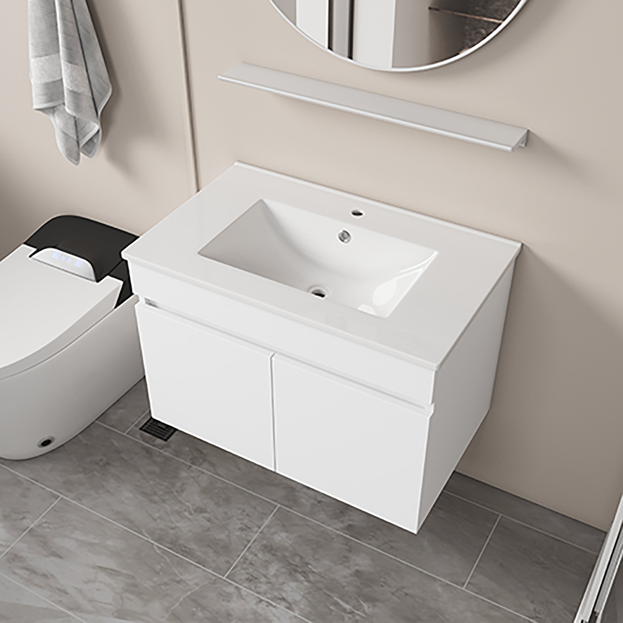 Solid Wood Wall-Mounted Bathroom Vanity Set in White with Integrated Ceramic Sink