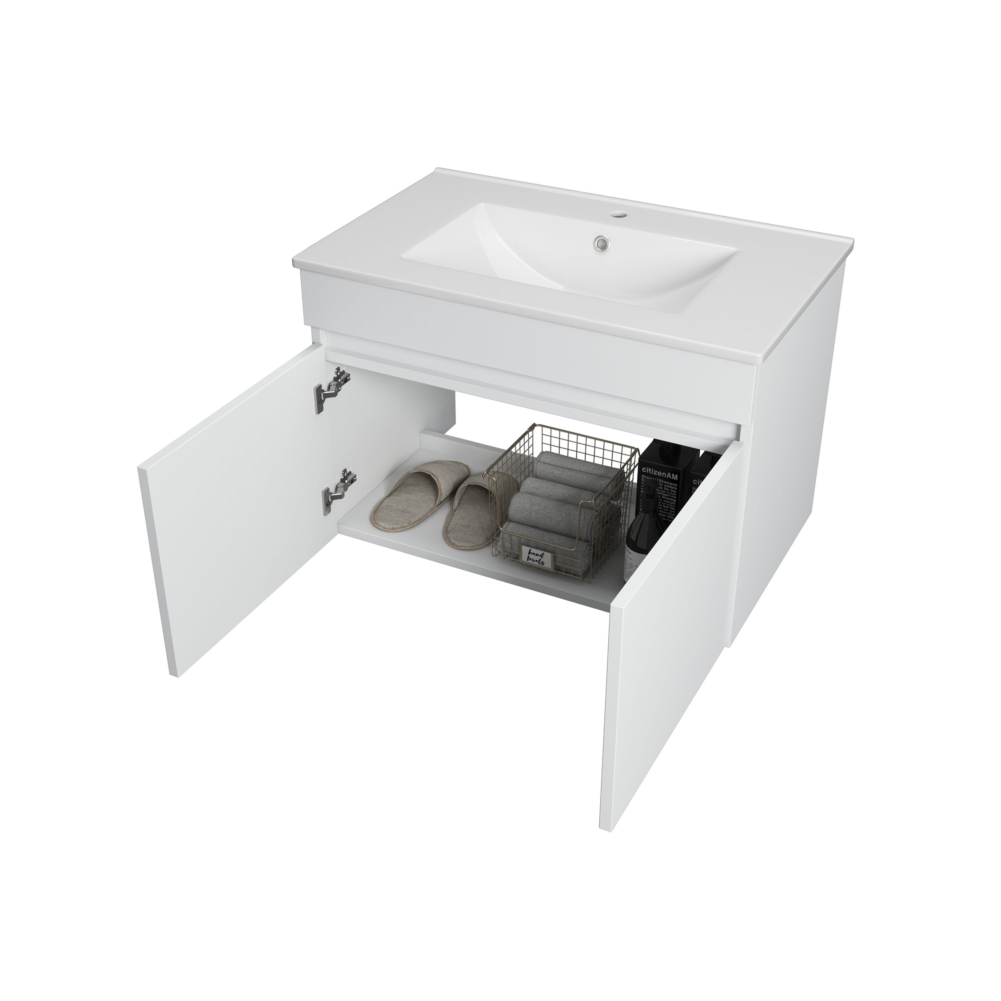 Solid Wood Wall-Mounted Bathroom Vanity Set in White with Integrated Ceramic Sink