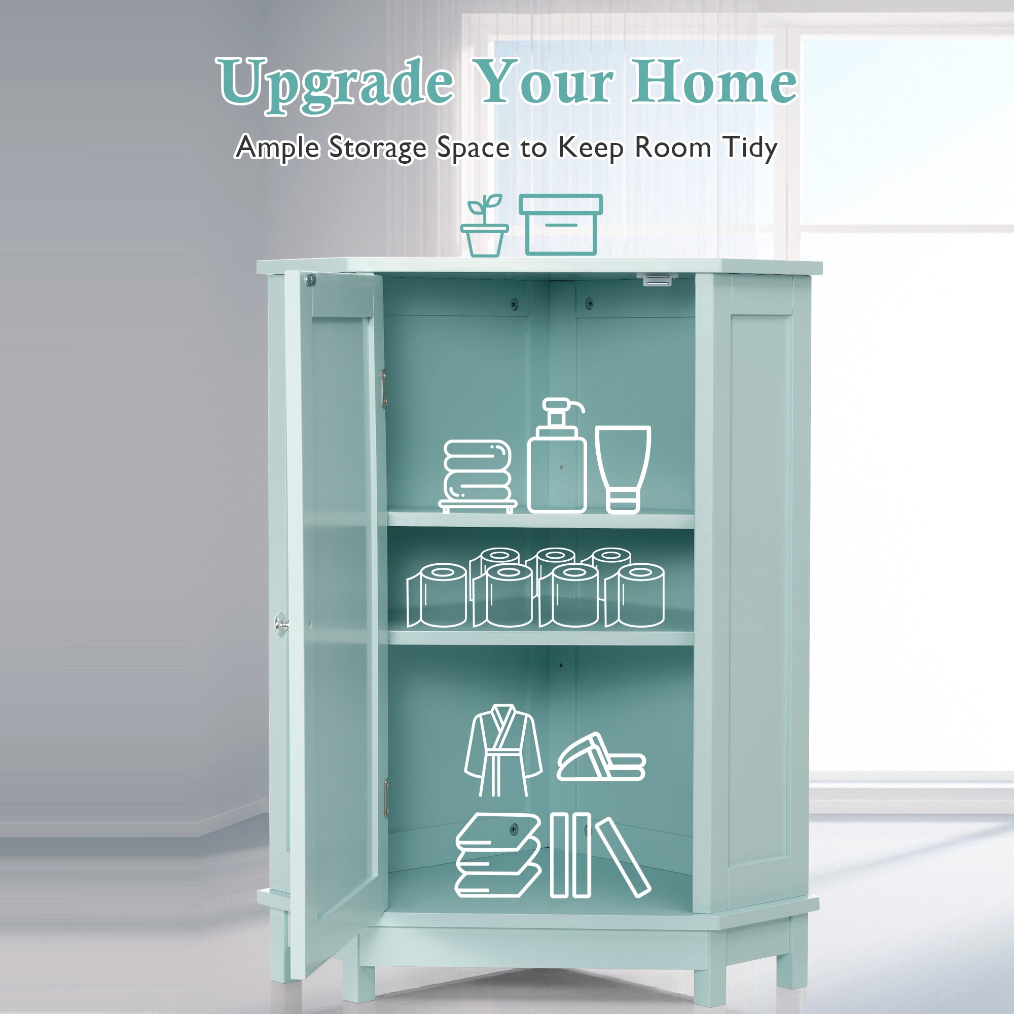 32" Wood 2-door Bathroom Corner Cabinet with Adjustable Shelves