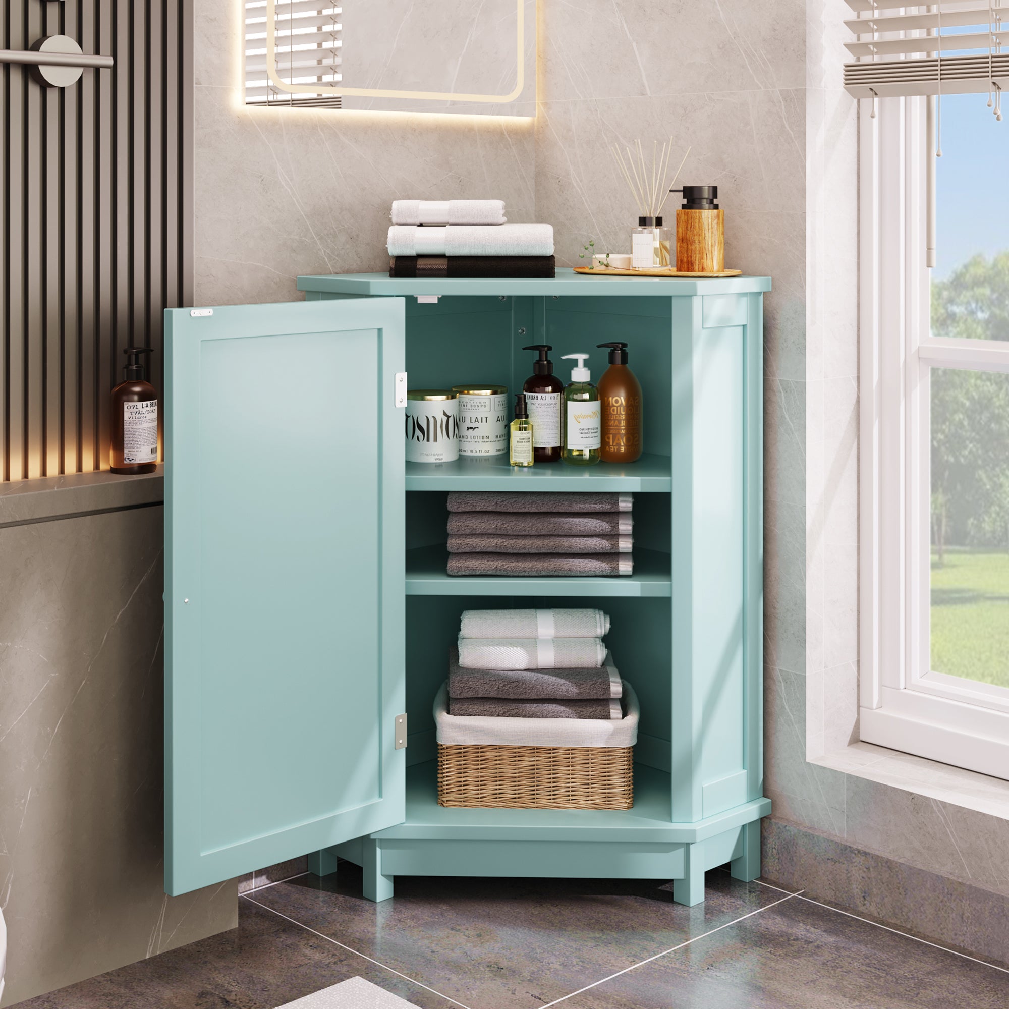32" Wood 2-door Bathroom Corner Cabinet with Adjustable Shelves