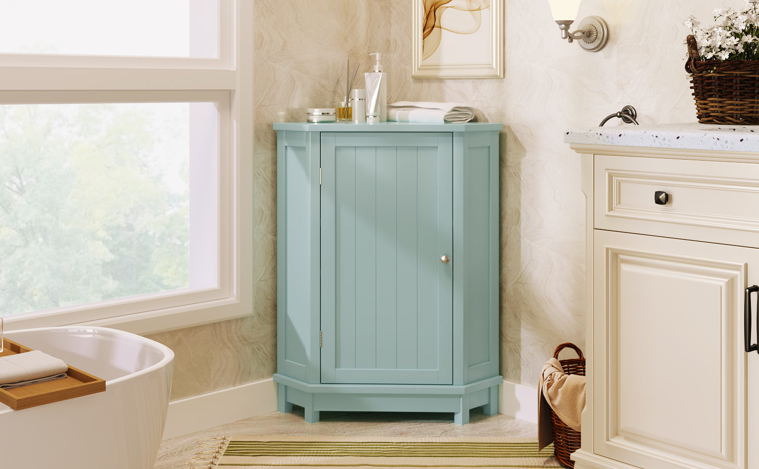 32" Wood 2-door Bathroom Corner Cabinet with Adjustable Shelves