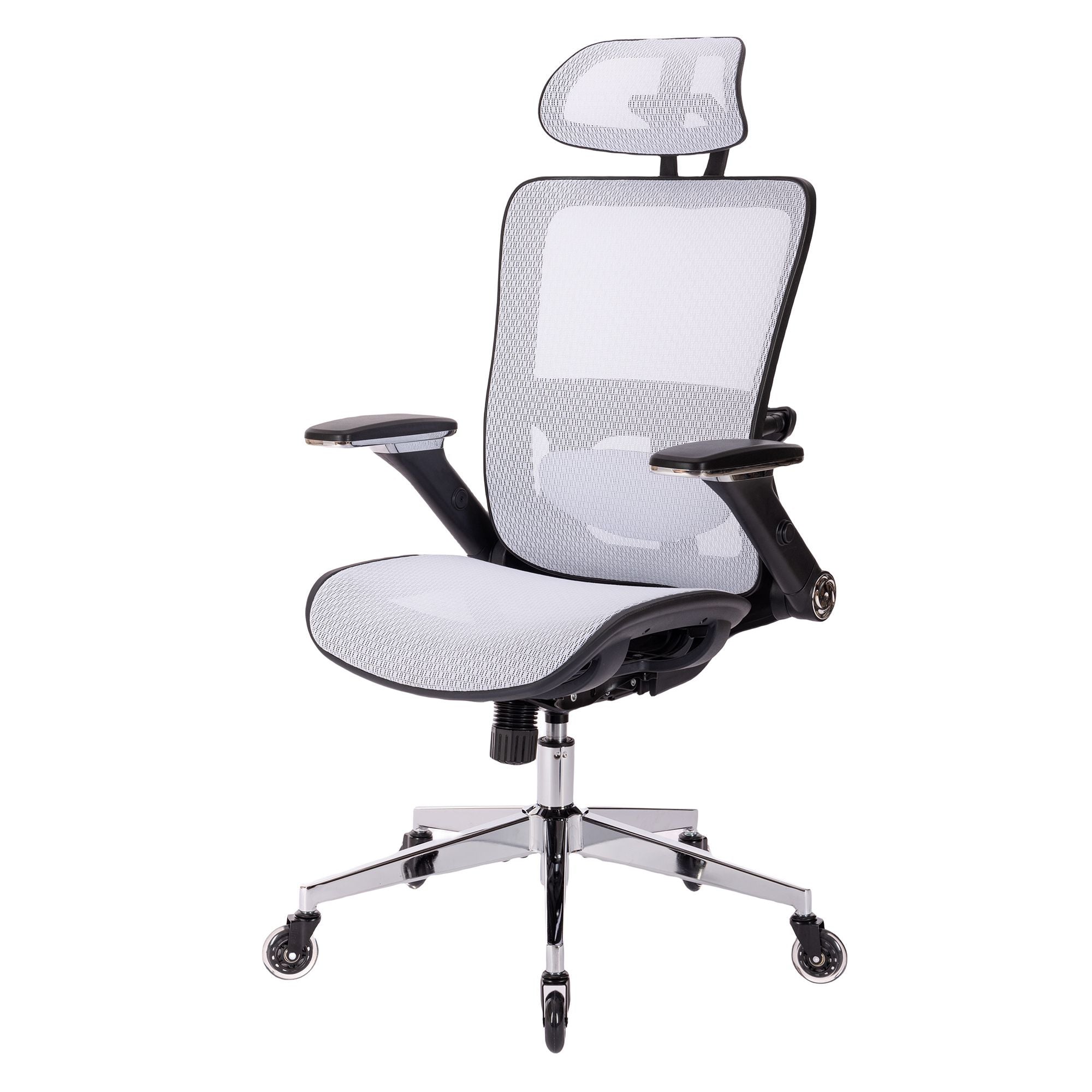 WHITE Ergonomic Mesh Office Chair, High Back - Adjustable Headrest with Flip-Up Arms, Tilt and lock Function, Lumbar Support and blade  Wheels, KD chrome metal legs LJCDSOC-01WH