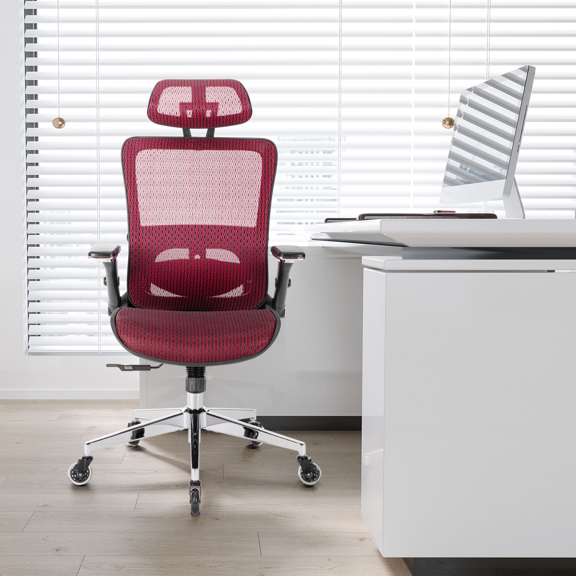 RED Ergonomic Mesh Office Chair, High Back - Adjustable Headrest with Flip-Up Arms, Tilt and lock Function, Lumbar Support and blade Wheels, KD chrome metal legs LJCDSOC-02RE