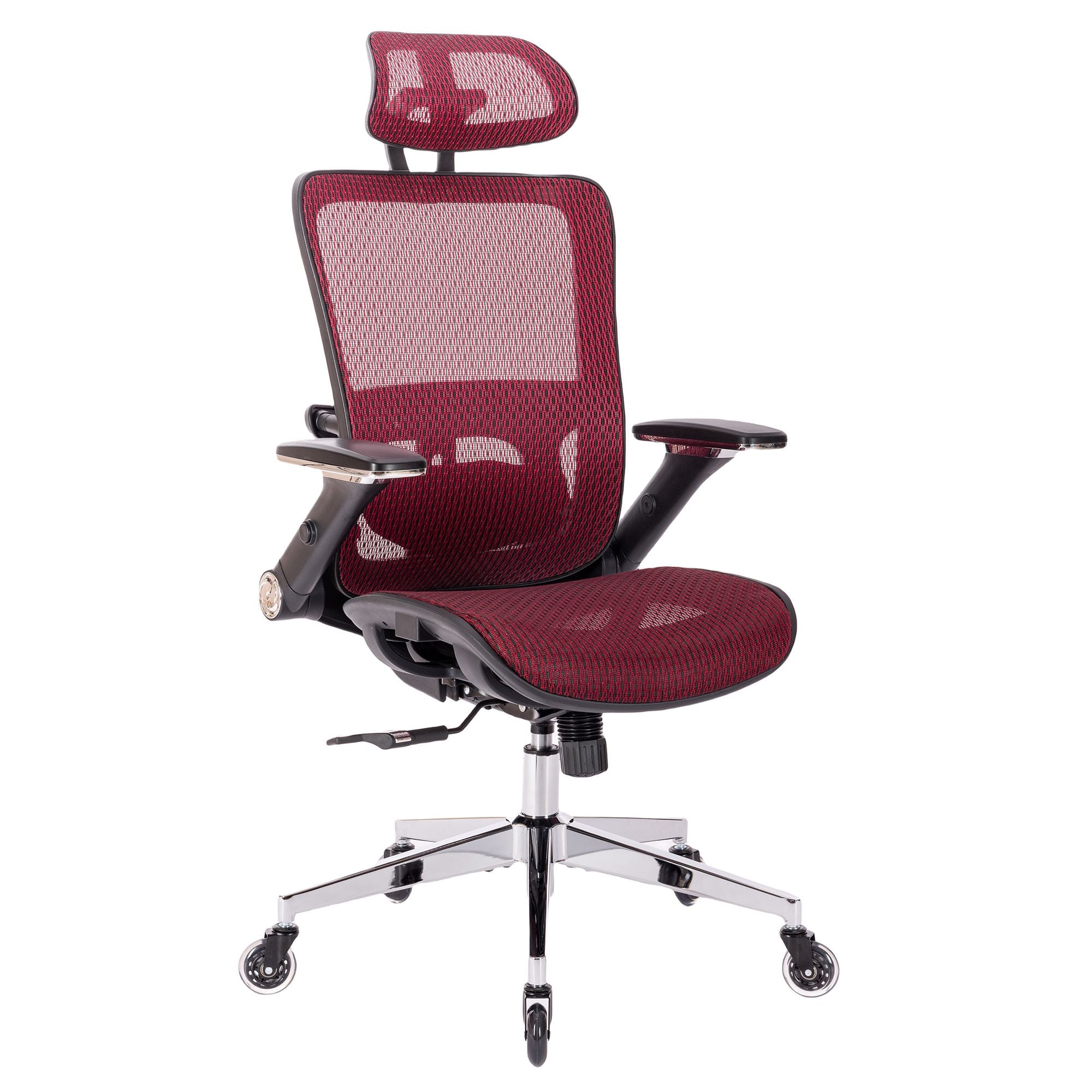 RED Ergonomic Mesh Office Chair, High Back - Adjustable Headrest with Flip-Up Arms, Tilt and lock Function, Lumbar Support and blade Wheels, KD chrome metal legs LJCDSOC-02RE