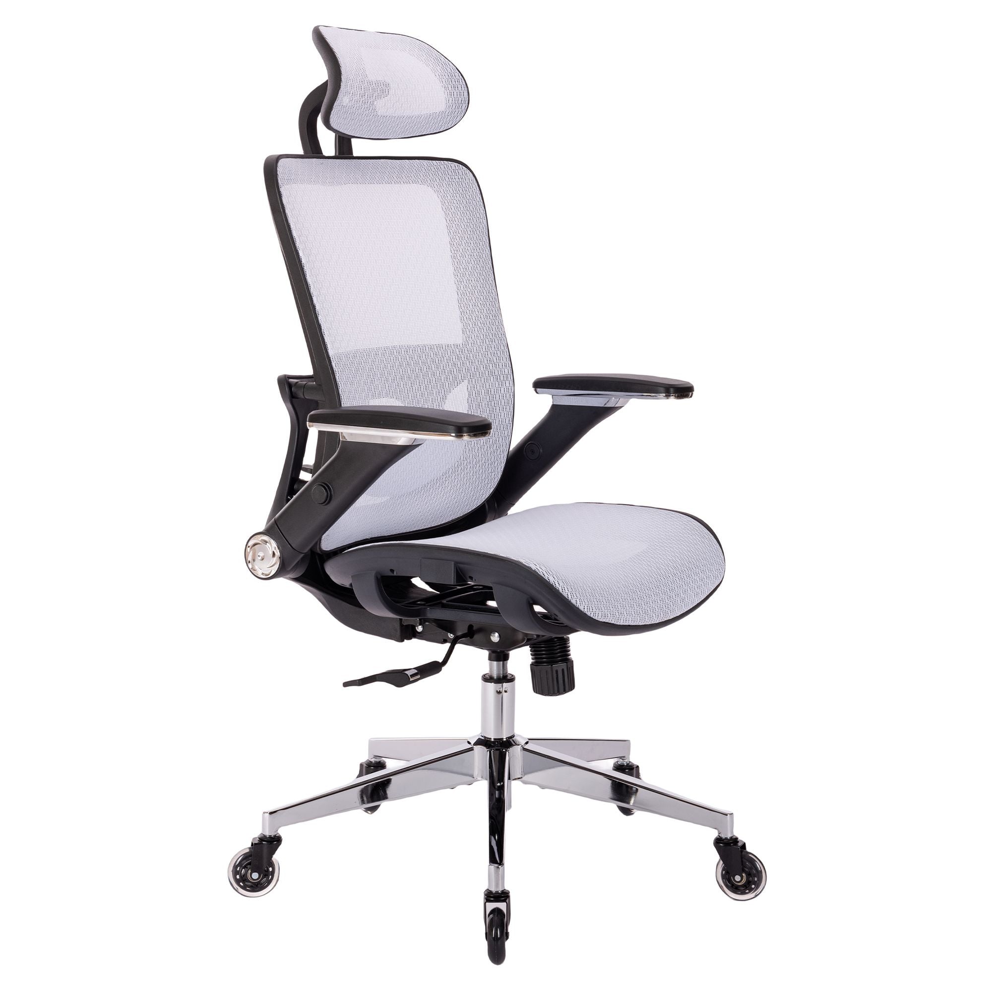 WHITE Ergonomic Mesh Office Chair, High Back - Adjustable Headrest with Flip-Up Arms, Tilt and lock Function, Lumbar Support and blade  Wheels, KD chrome metal legs LJCDSOC-01WH