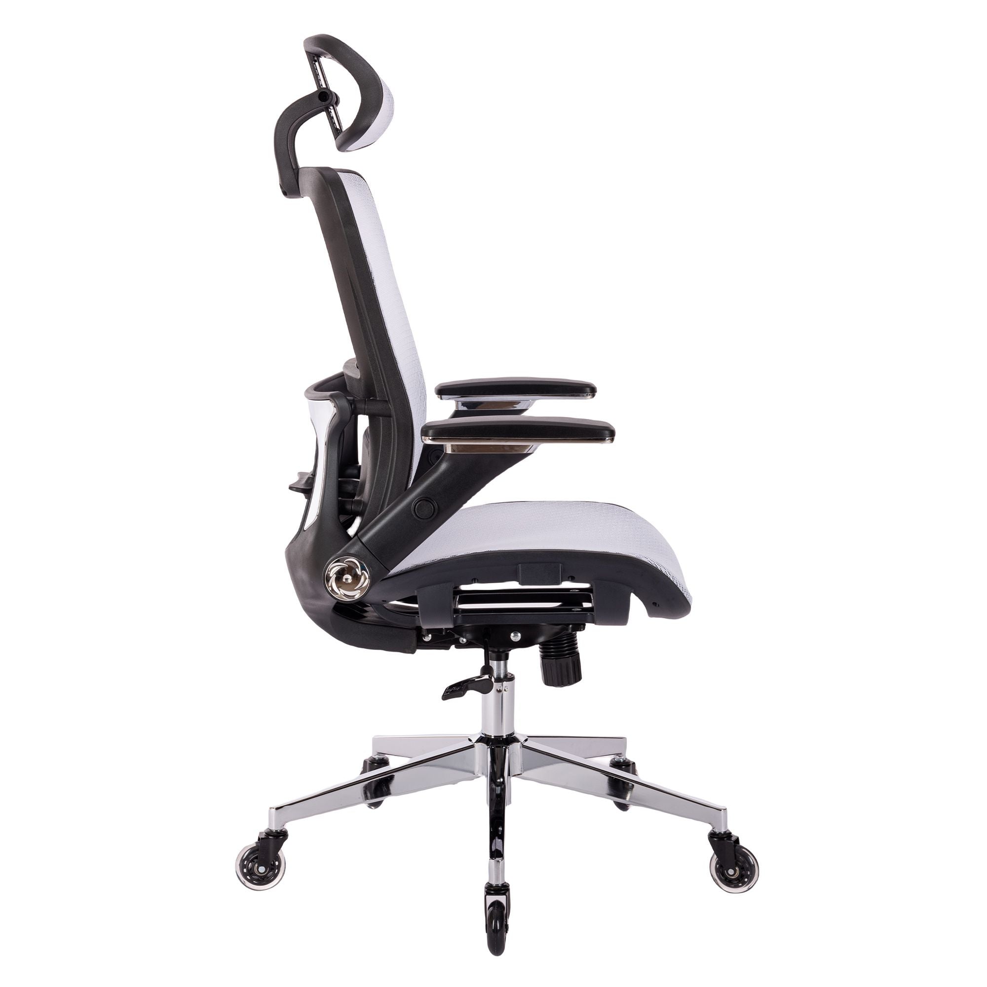 WHITE Ergonomic Mesh Office Chair, High Back - Adjustable Headrest with Flip-Up Arms, Tilt and lock Function, Lumbar Support and blade  Wheels, KD chrome metal legs LJCDSOC-01WH