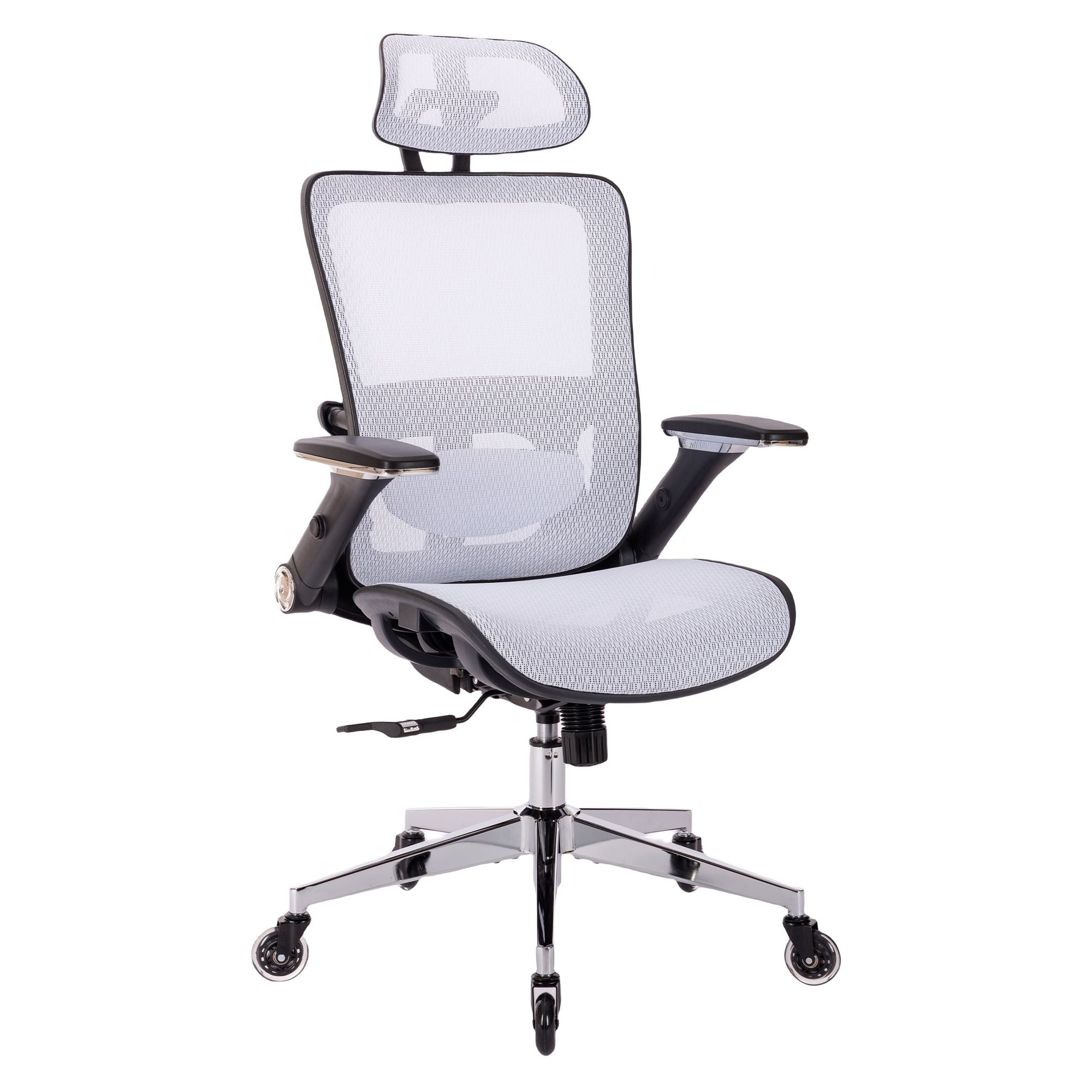 WHITE Ergonomic Mesh Office Chair, High Back - Adjustable Headrest with Flip-Up Arms, Tilt and lock Function, Lumbar Support and blade  Wheels, KD chrome metal legs LJCDSOC-01WH