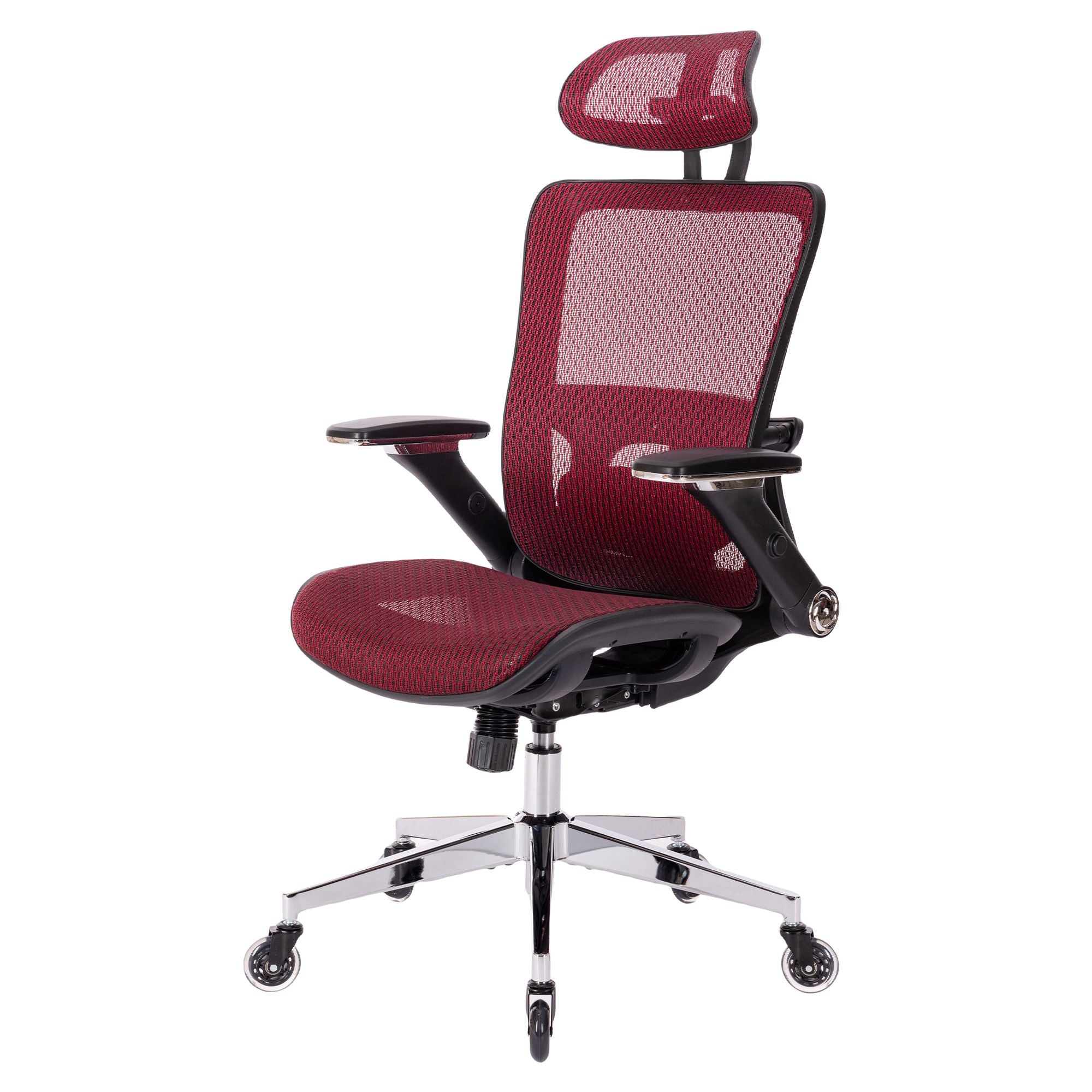 RED Ergonomic Mesh Office Chair, High Back - Adjustable Headrest with Flip-Up Arms, Tilt and lock Function, Lumbar Support and blade Wheels, KD chrome metal legs LJCDSOC-02RE