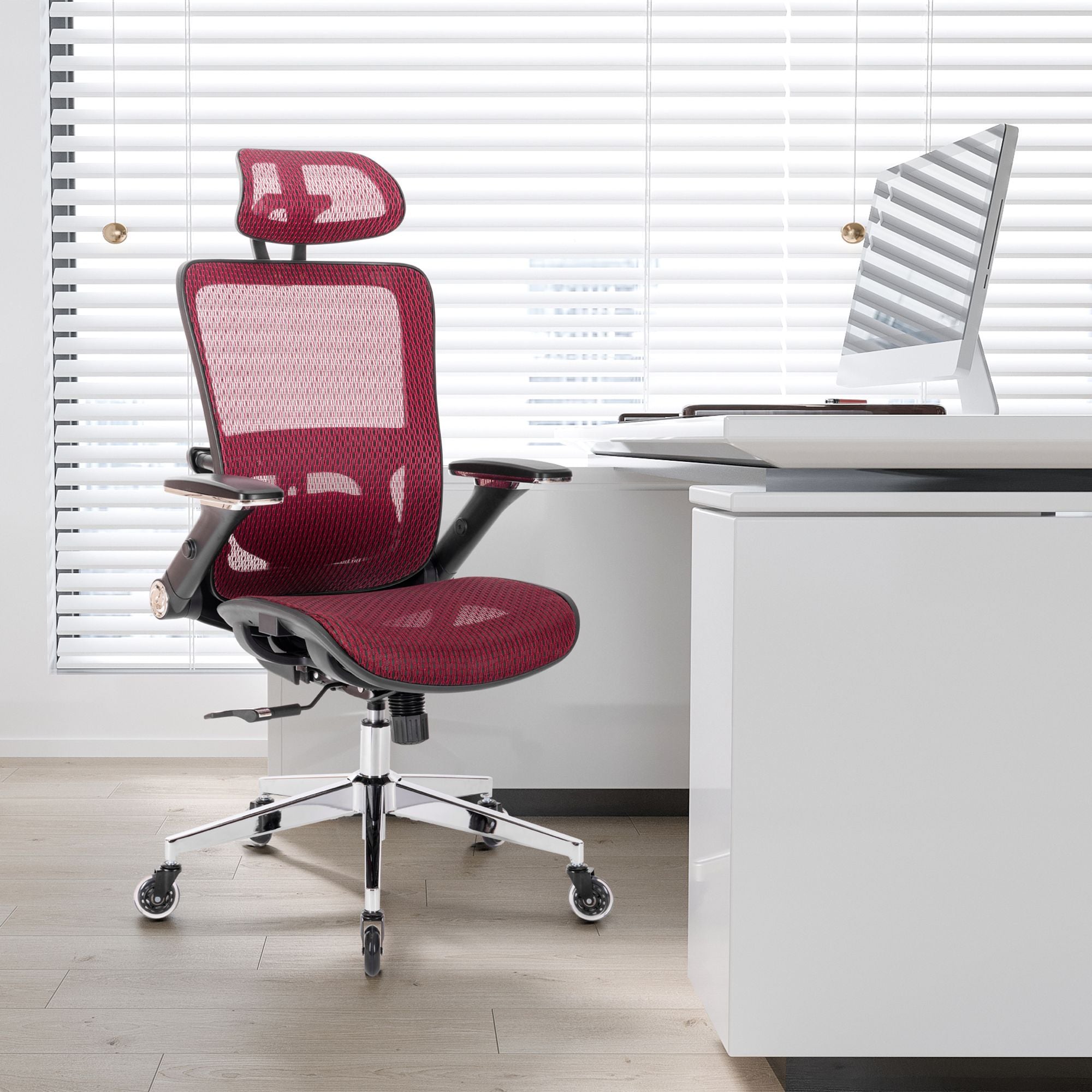 RED Ergonomic Mesh Office Chair, High Back - Adjustable Headrest with Flip-Up Arms, Tilt and lock Function, Lumbar Support and blade Wheels, KD chrome metal legs LJCDSOC-02RE