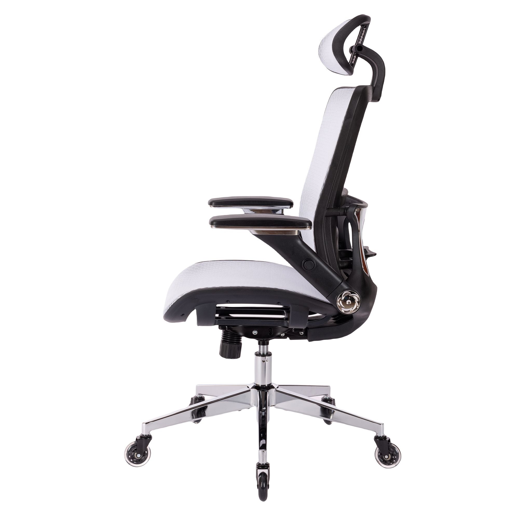 WHITE Ergonomic Mesh Office Chair, High Back - Adjustable Headrest with Flip-Up Arms, Tilt and lock Function, Lumbar Support and blade  Wheels, KD chrome metal legs LJCDSOC-01WH