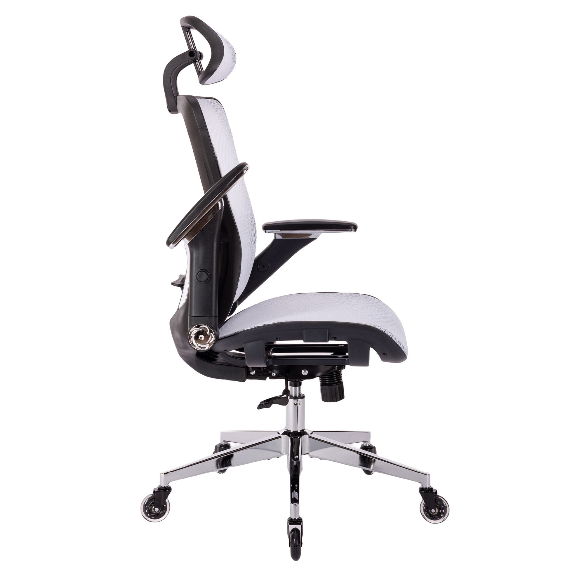 WHITE Ergonomic Mesh Office Chair, High Back - Adjustable Headrest with Flip-Up Arms, Tilt and lock Function, Lumbar Support and blade  Wheels, KD chrome metal legs LJCDSOC-01WH