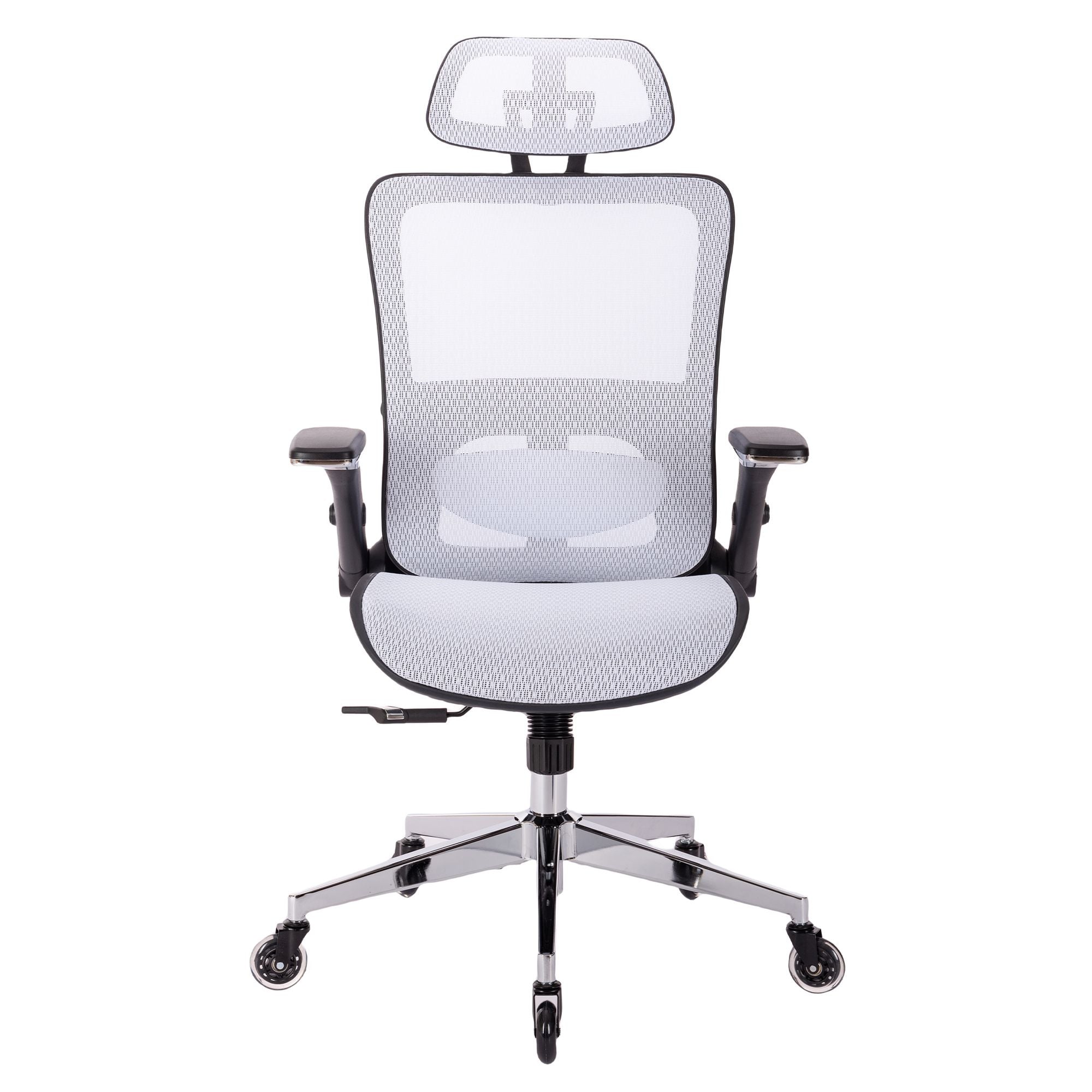 WHITE Ergonomic Mesh Office Chair, High Back - Adjustable Headrest with Flip-Up Arms, Tilt and lock Function, Lumbar Support and blade  Wheels, KD chrome metal legs LJCDSOC-01WH