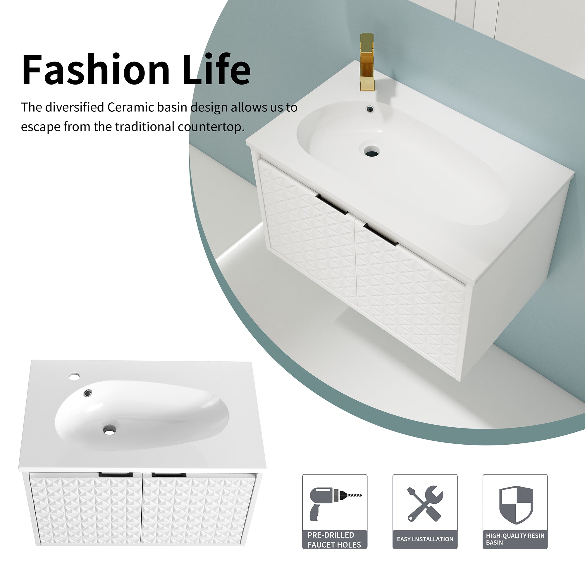 30/36 inch Wall Mounted Bathroom Vanity Set in White with Integrated Resin Sink