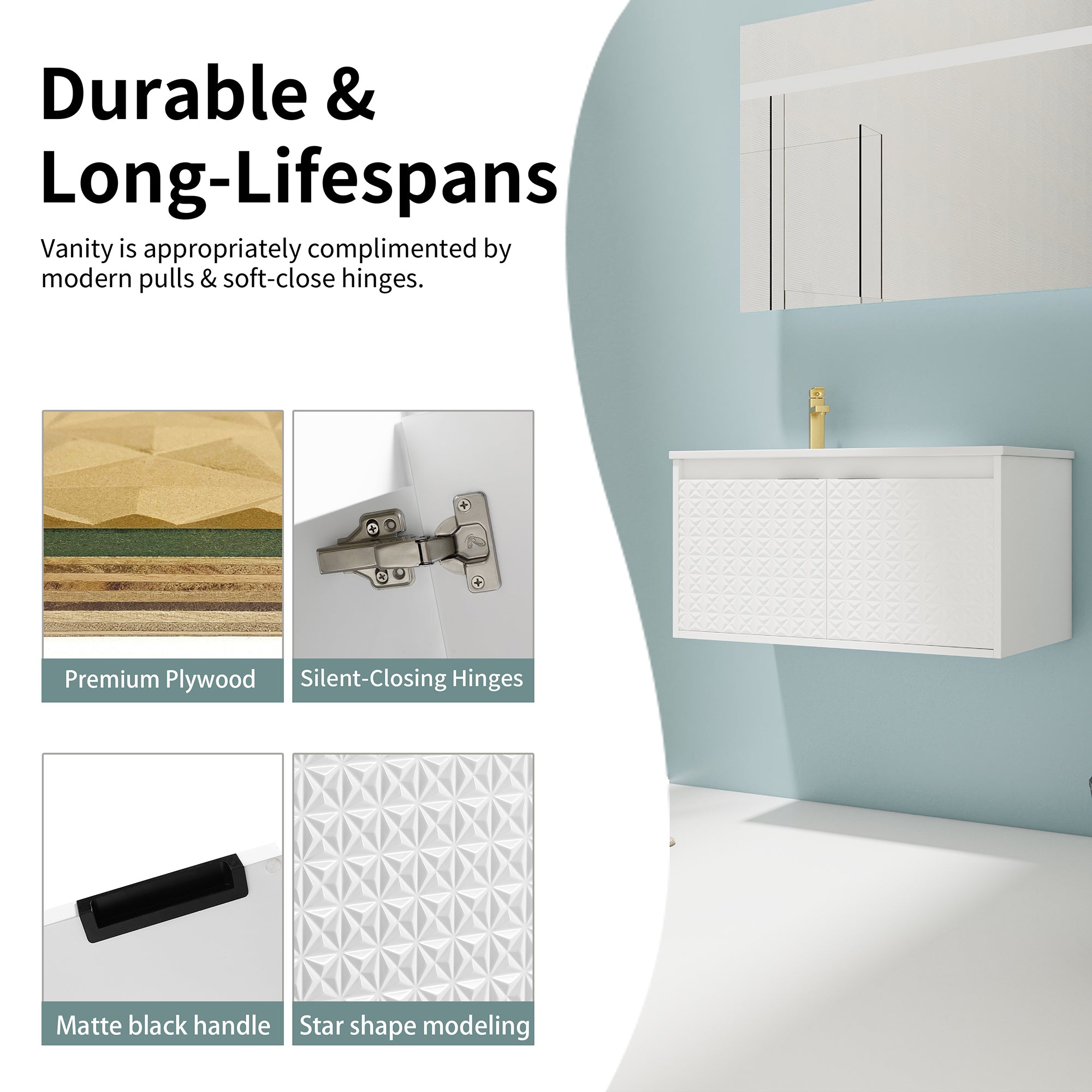 30/36 inch Wall Mounted Bathroom Vanity Set in White with Integrated Resin Sink