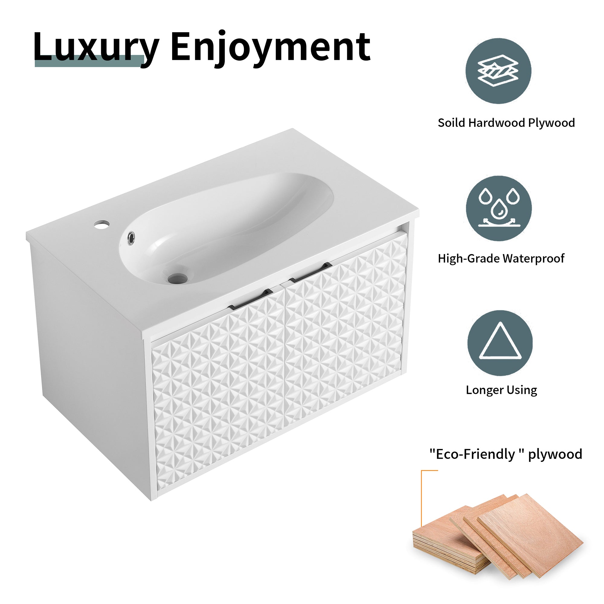 30/36 inch Wall Mounted Bathroom Vanity Set in White with Integrated Resin Sink