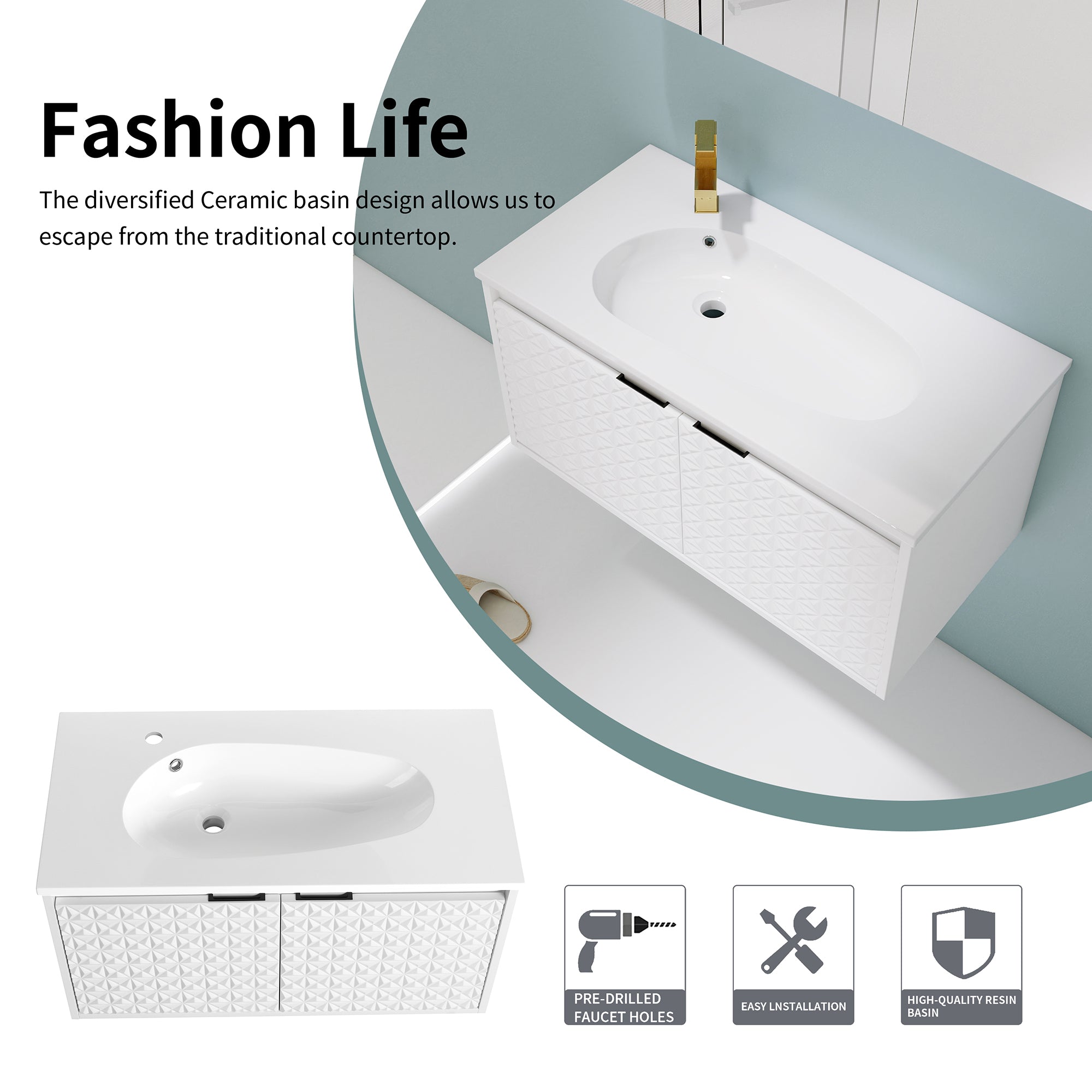 30/36 inch Wall Mounted Bathroom Vanity Set in White with Integrated Resin Sink