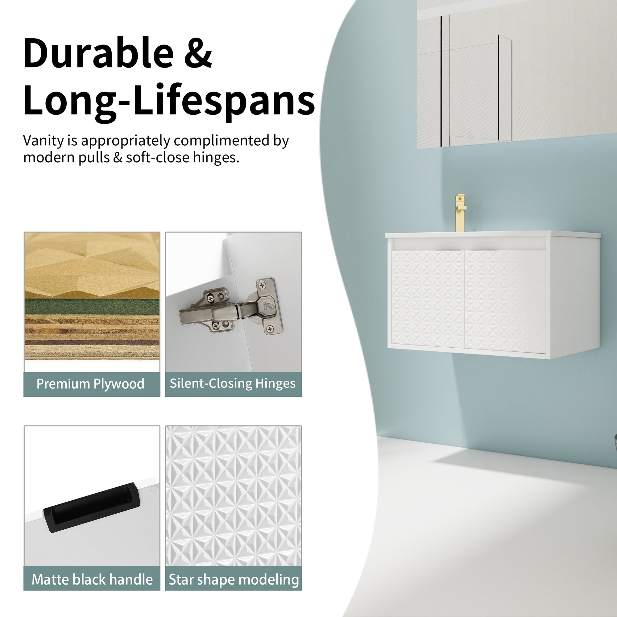 30/36 inch Wall Mounted Bathroom Vanity Set in White with Integrated Resin Sink