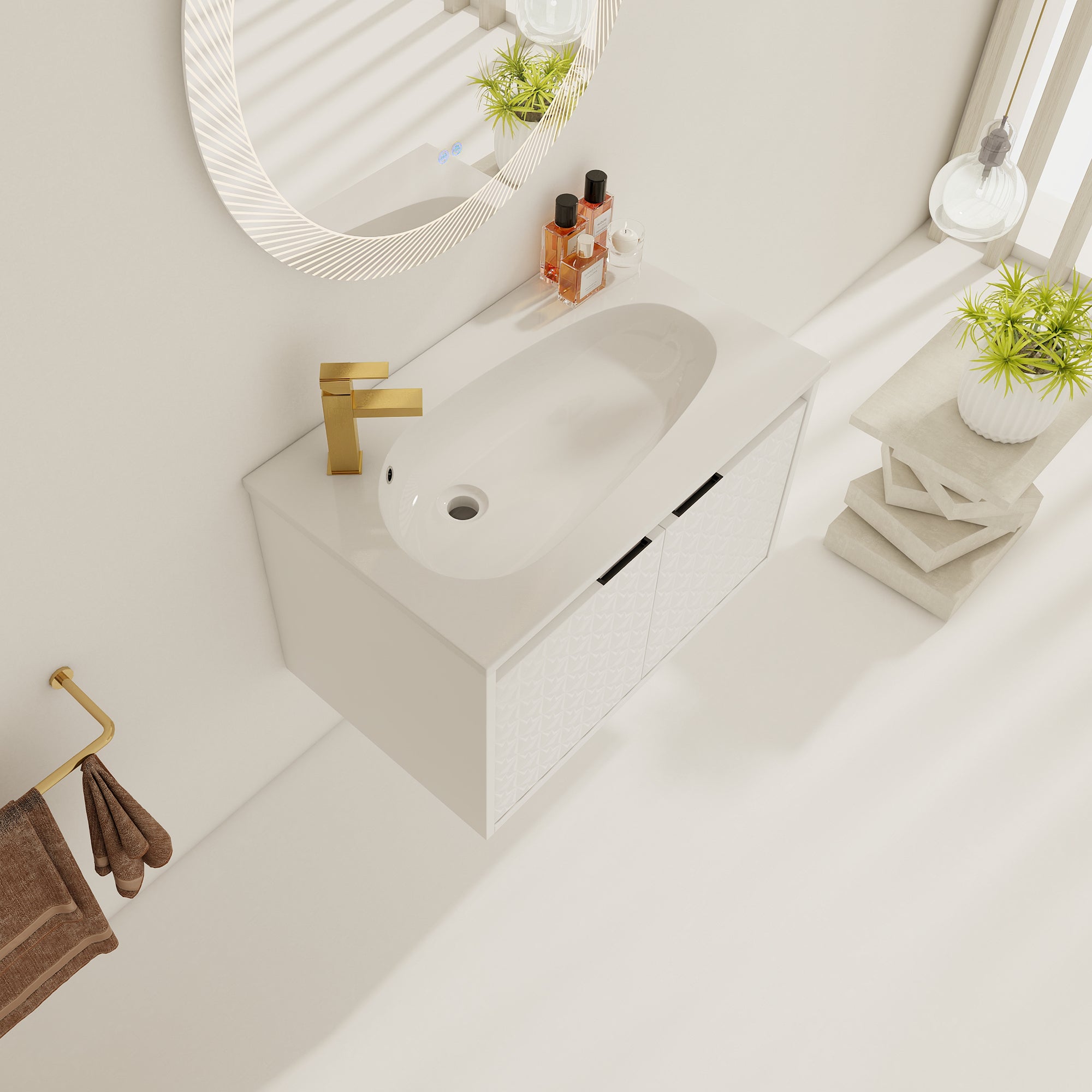 30/36 inch Wall Mounted Bathroom Vanity Set in White with Integrated Resin Sink